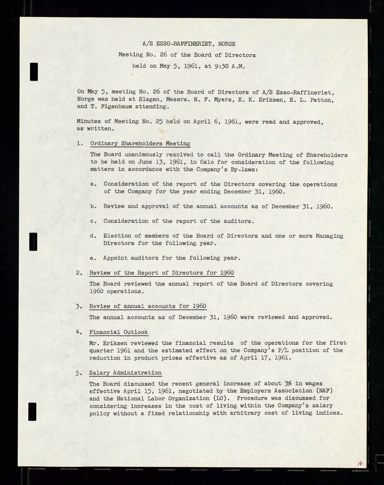 PA 1537 - A/S Essoraffineriet Norge, AV/SAST-A-101957/A/Aa/L0001/0002: Styremøter / Shareholder meetings, board meetings, by laws (vedtekter), 1957-1960, p. 111