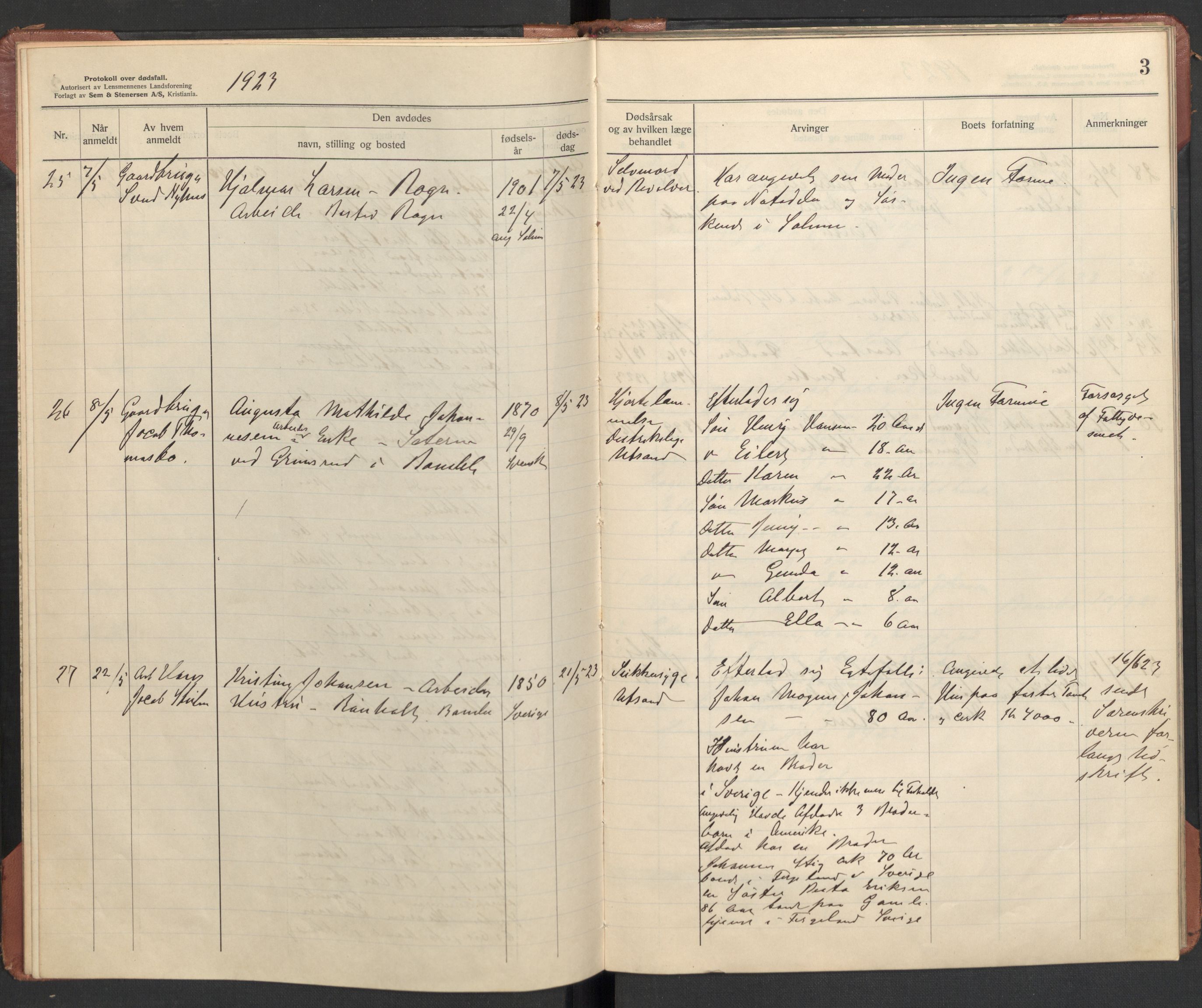 Bamble lensmannskontor, SAKO/A-552/H/Ha/Haa/L0004: Dødsfallsprotokoll, 1923-1926, p. 3