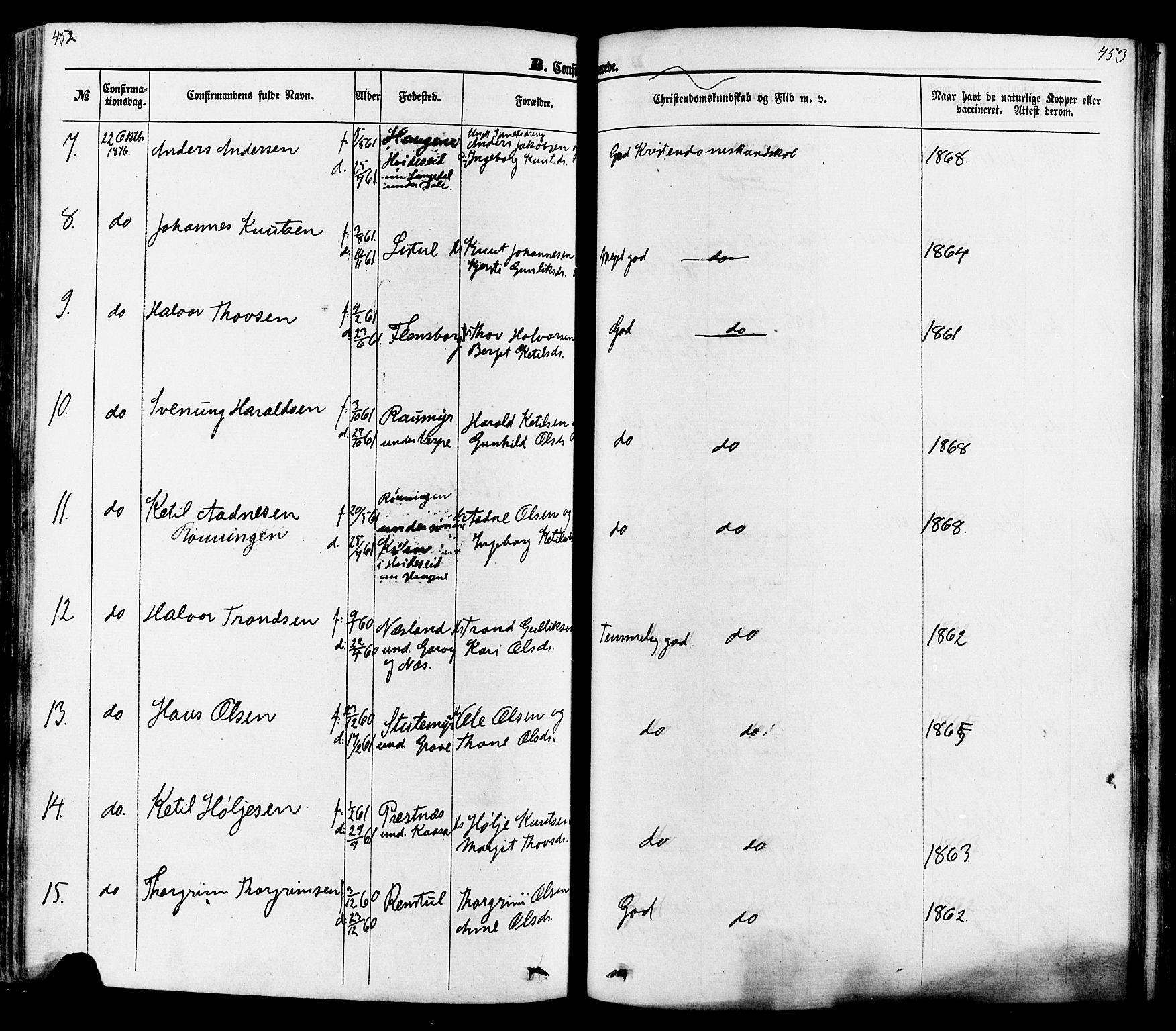 Seljord kirkebøker, AV/SAKO-A-20/F/Fa/L0013: Parish register (official) no. I 13, 1866-1876, p. 452-453