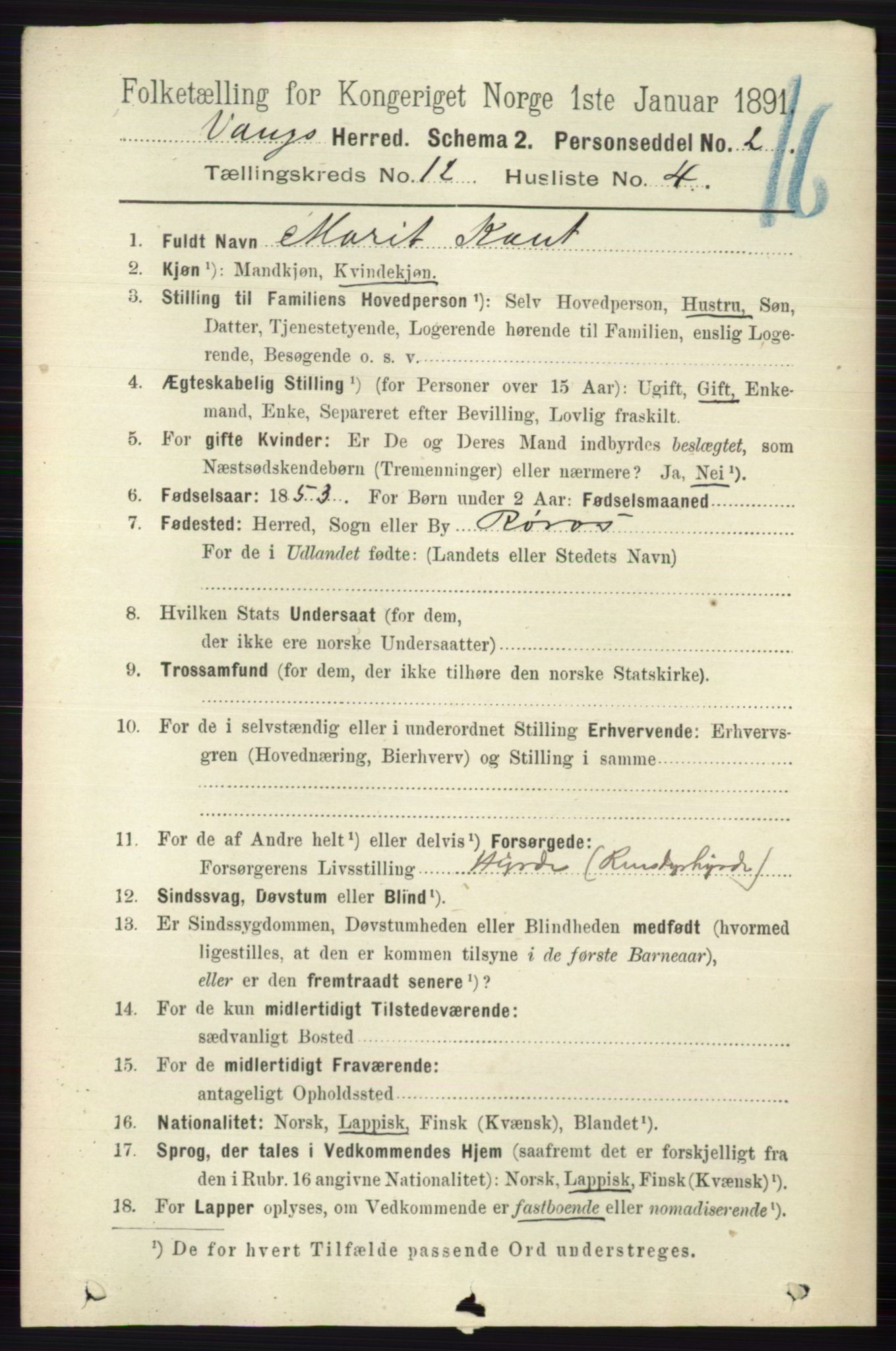 RA, 1891 census for 0545 Vang, 1891, p. 2642