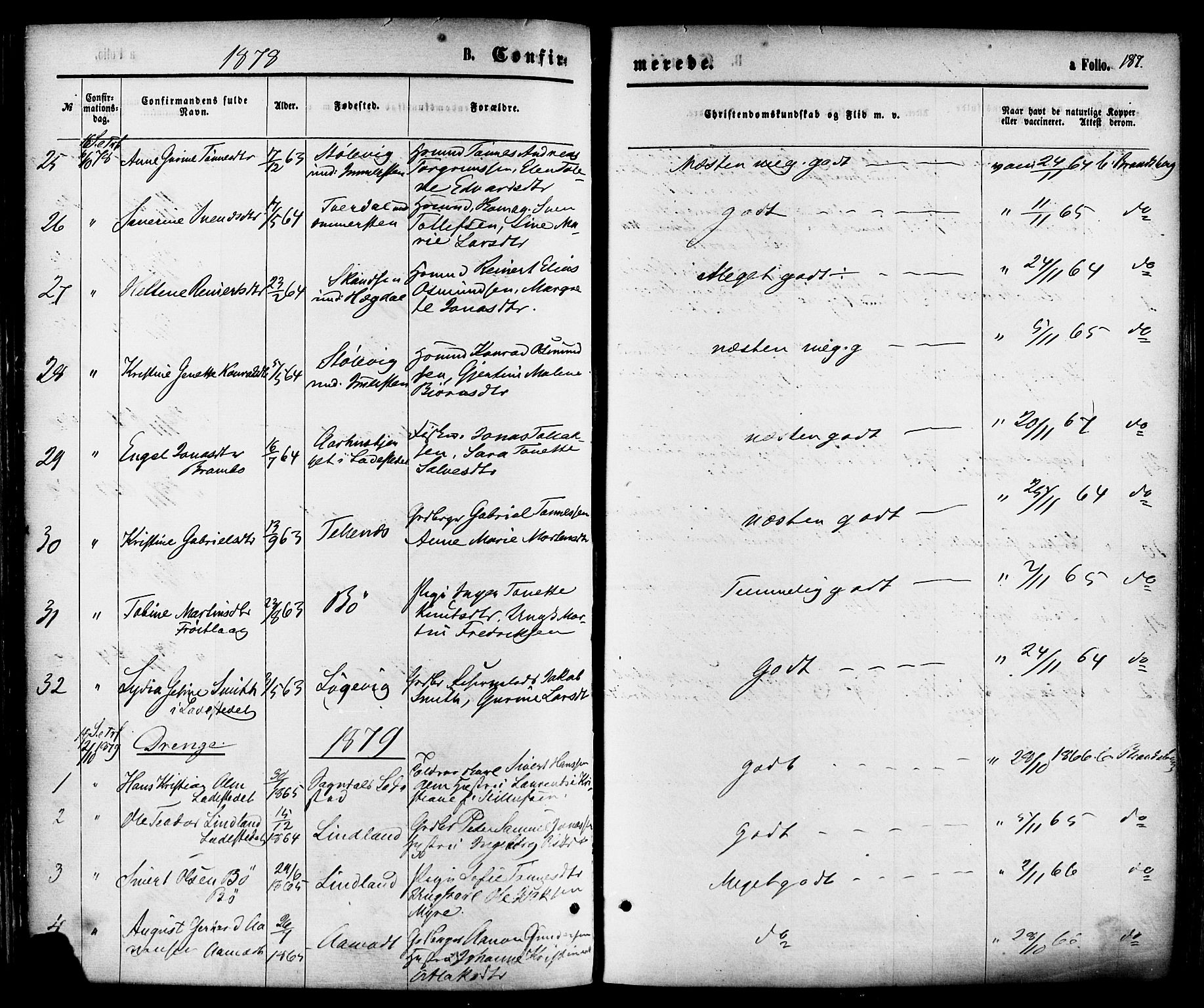Sokndal sokneprestkontor, SAST/A-101808: Parish register (official) no. A 10, 1874-1886, p. 187