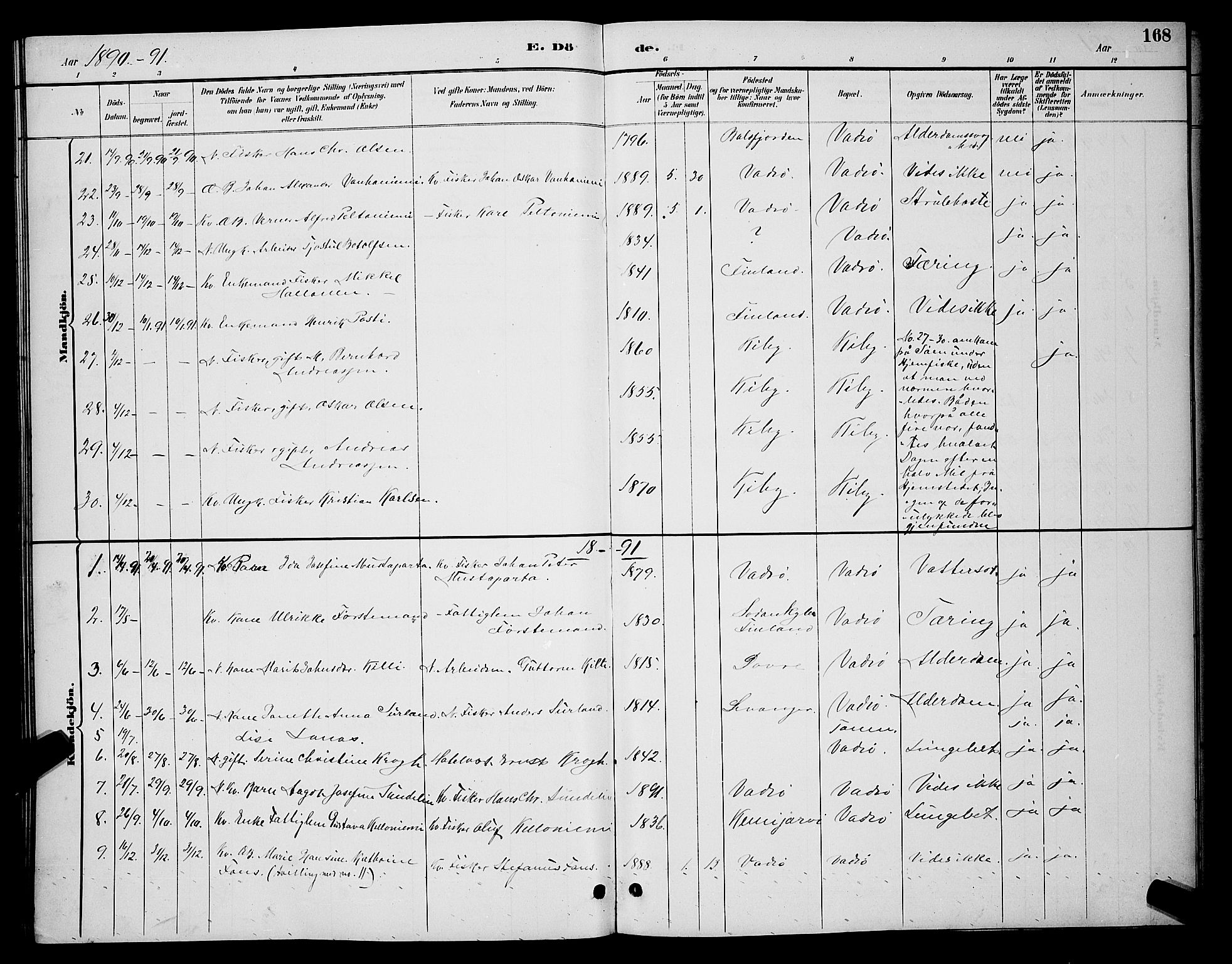 Vadsø sokneprestkontor, SATØ/S-1325/H/Hb/L0004klokker: Parish register (copy) no. 4, 1885-1895, p. 168
