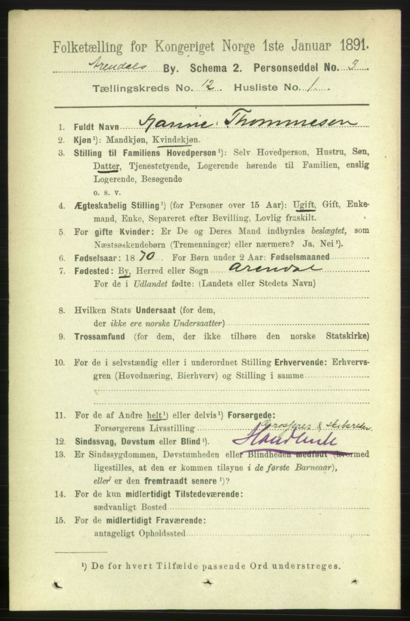 RA, 1891 census for 0903 Arendal, 1891, p. 4187