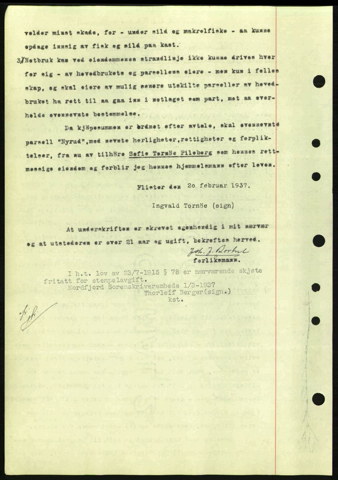 Nordfjord sorenskriveri, AV/SAB-A-2801/02/02b/02bj/L0001: Mortgage book no. A1, 1936-1937, Diary no: : 255/1937