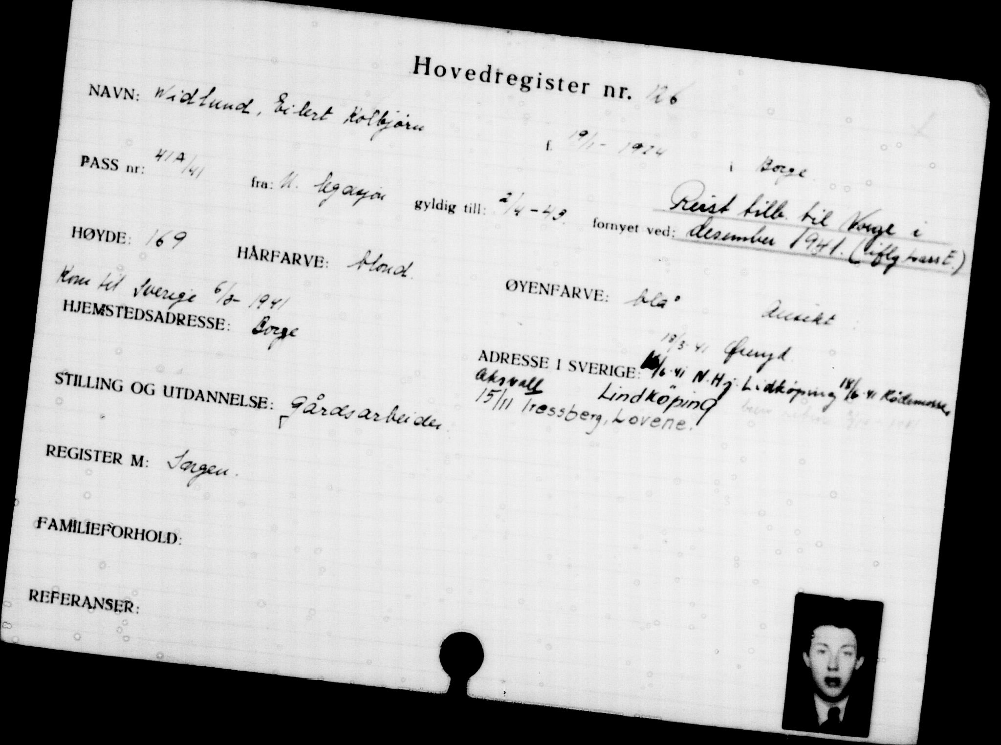 Utenriksstasjonene, Legasjonen i Stockholm, Flyktningkontoret, AV/RA-S-6753/V/Va/L0001: Kjesäterkartoteket, flyktninger med registreringsnr. 1-1000, 1940-1945, p. 205