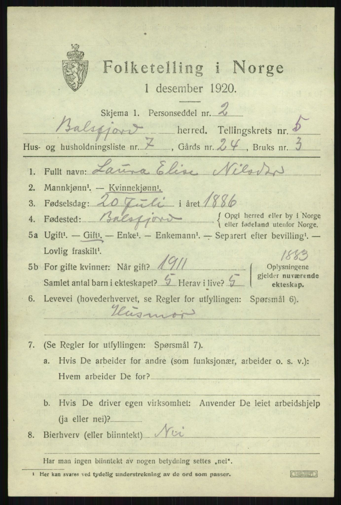 SATØ, 1920 census for Balsfjord, 1920, p. 3184