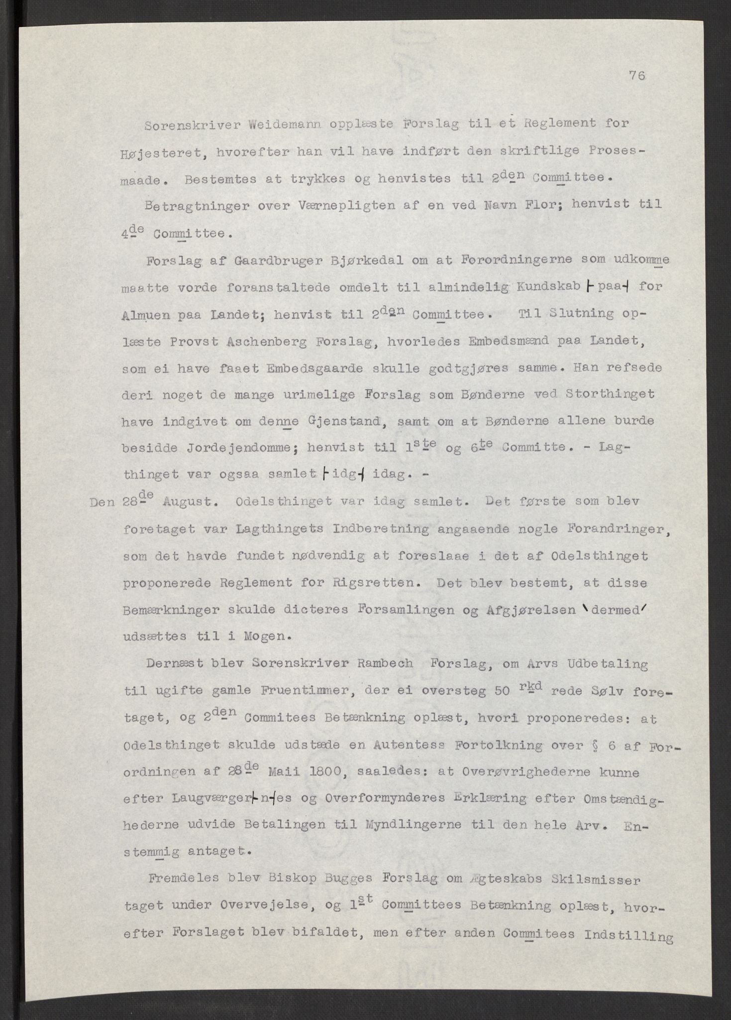 Manuskriptsamlingen, AV/RA-EA-3667/F/L0197: Wetlesen, Hans Jørgen (stortingsmann, ingeniørkaptein); Referat fra Stortinget 1815-1816, 1815-1816, p. 76