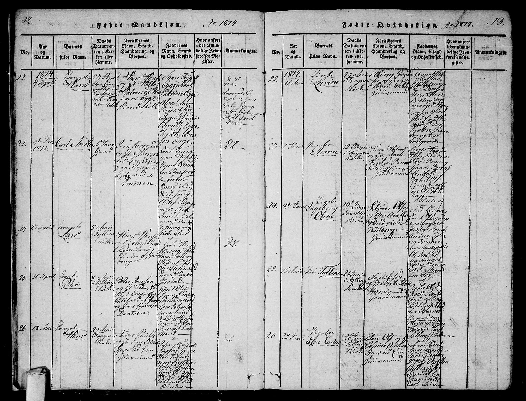 Lier kirkebøker, AV/SAKO-A-230/G/Ga/L0001: Parish register (copy) no. I 1, 1813-1824, p. 12-13