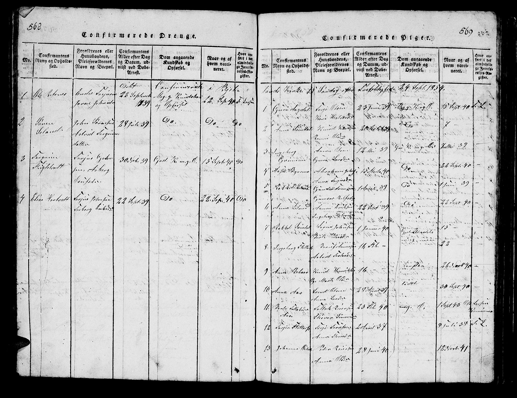 Bjelland sokneprestkontor, SAK/1111-0005/F/Fb/Fbc/L0001: Parish register (copy) no. B 1, 1815-1870, p. 568-569