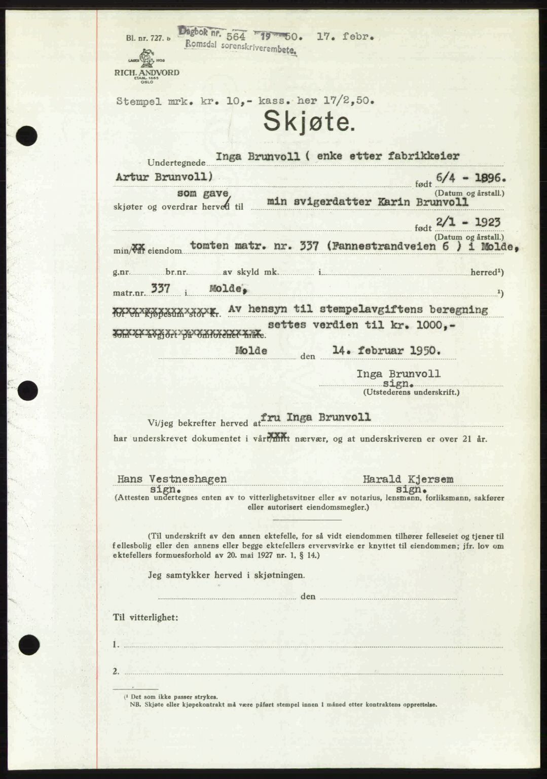 Romsdal sorenskriveri, AV/SAT-A-4149/1/2/2C: Mortgage book no. A32, 1950-1950, Diary no: : 564/1950