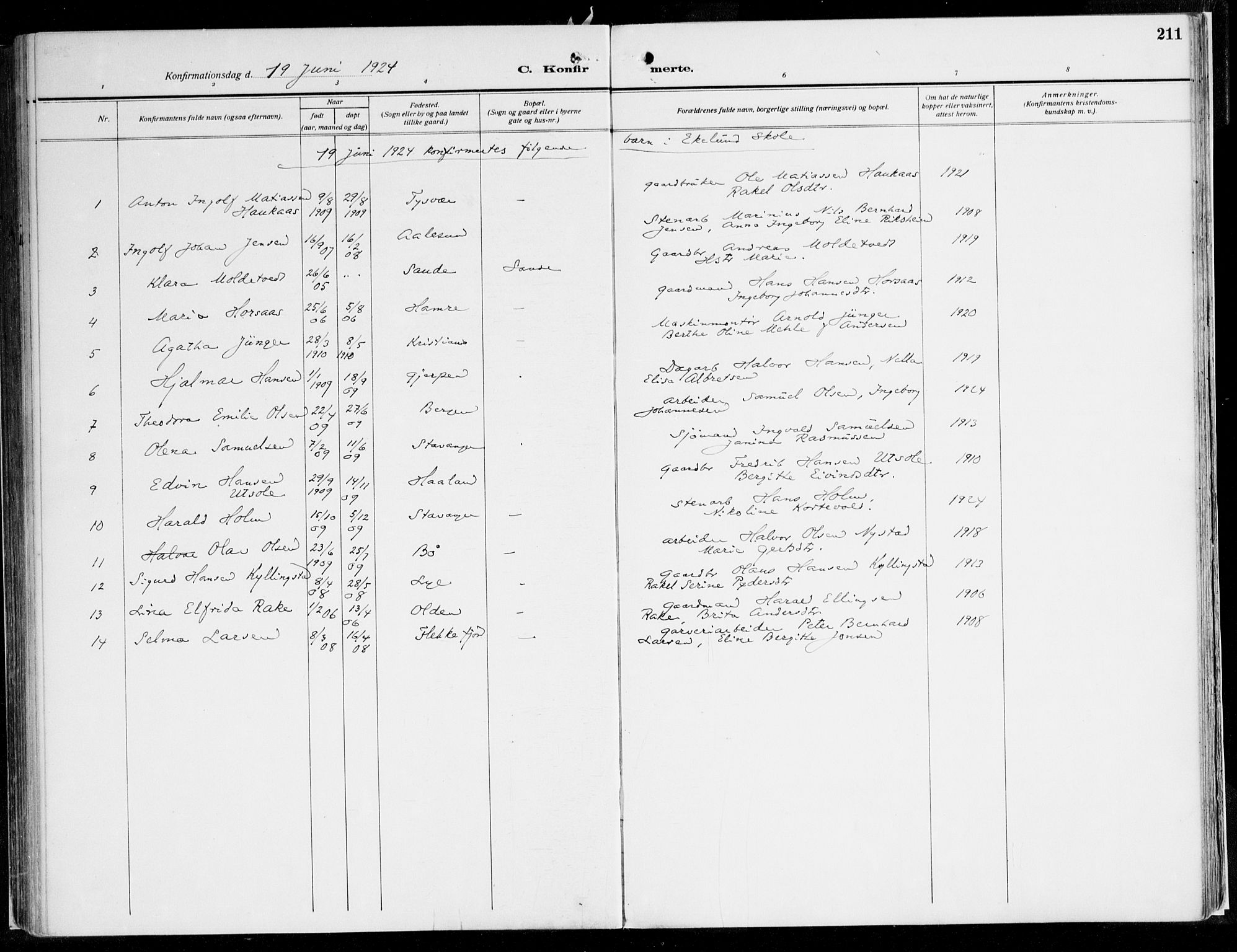 Fana Sokneprestembete, AV/SAB-A-75101/H/Haa/Haaj/L0001: Parish register (official) no. J 1, 1921-1935, p. 211