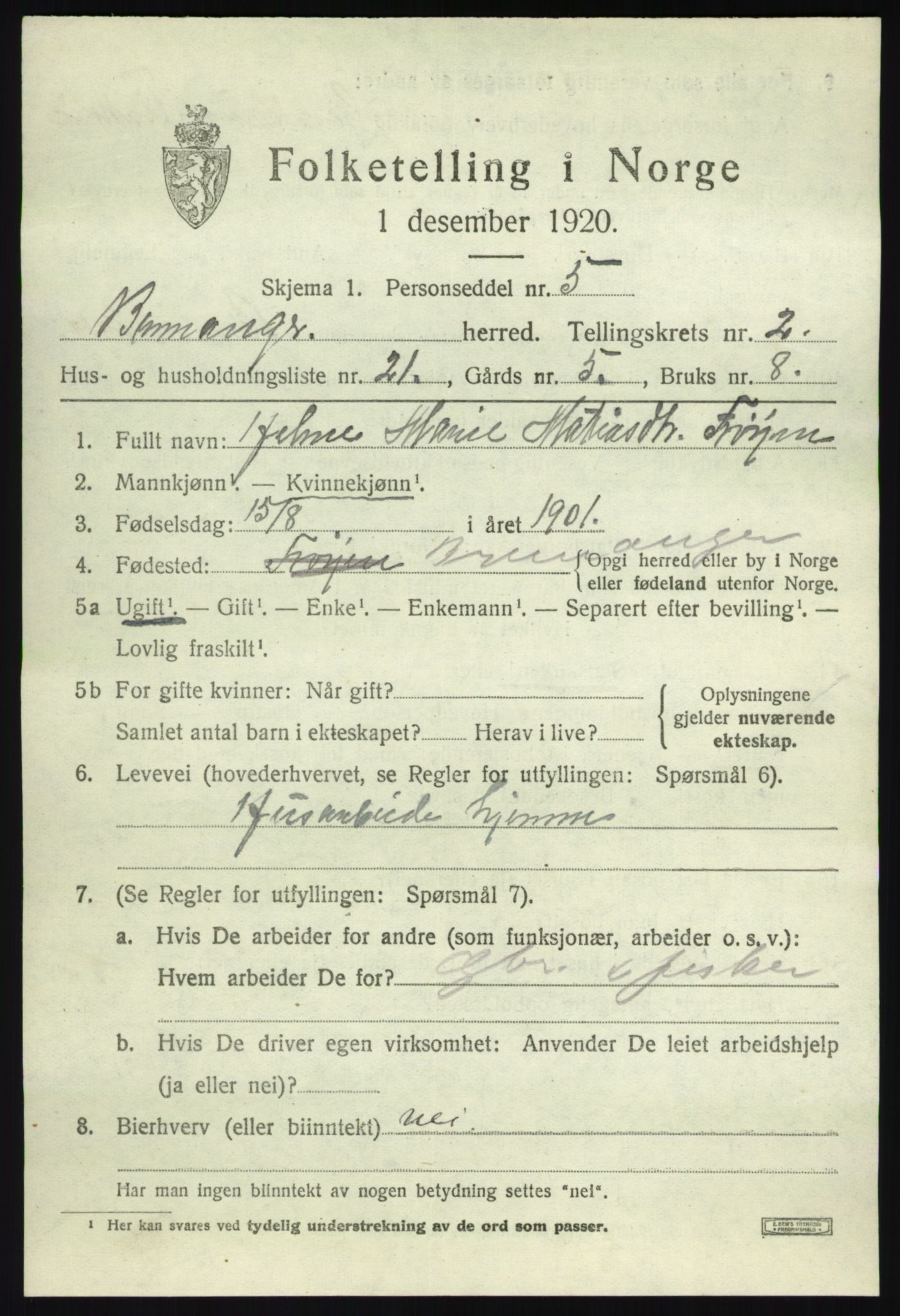 SAB, 1920 census for Bremanger, 1920, p. 2014