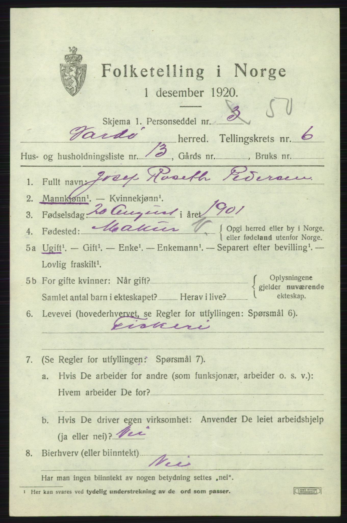 SATØ, 1920 census for Vardø rural district, 1920, p. 2928