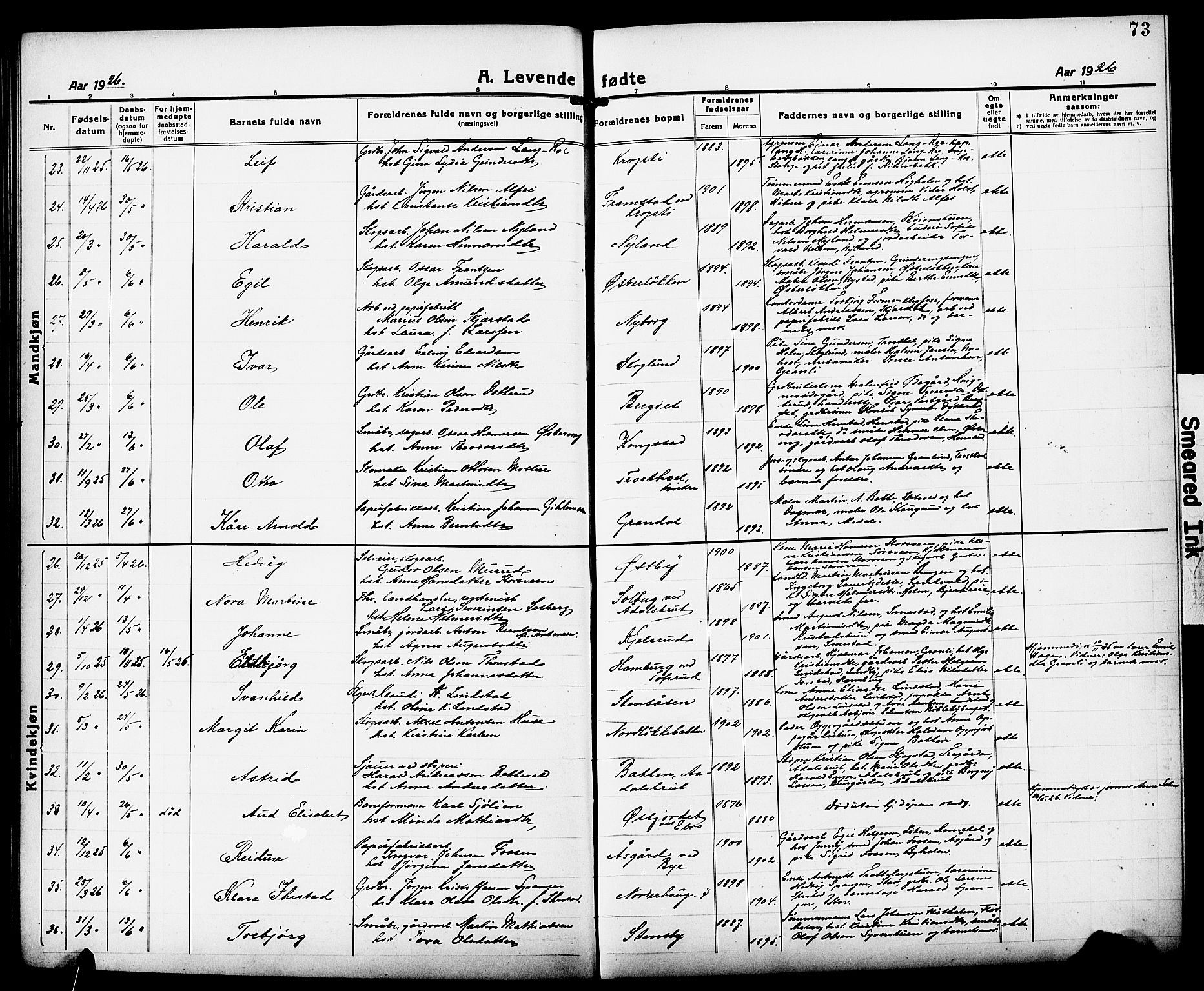 Løten prestekontor, AV/SAH-PREST-022/L/La/L0008: Parish register (copy) no. 8, 1920-1929, p. 73