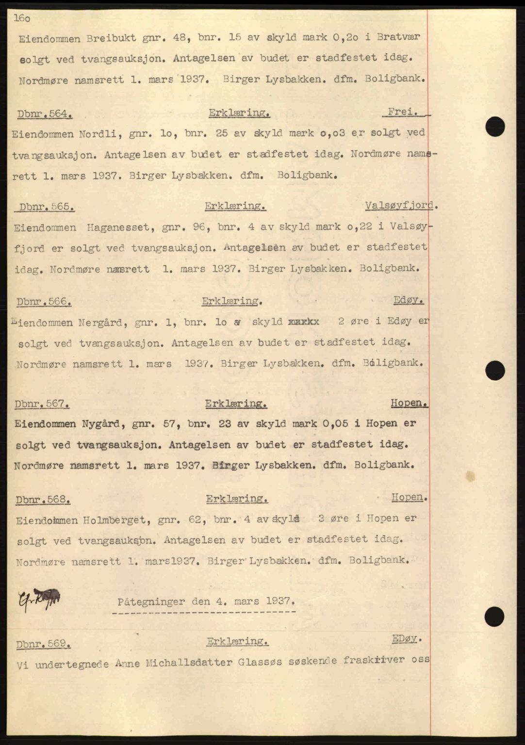 Nordmøre sorenskriveri, AV/SAT-A-4132/1/2/2Ca: Mortgage book no. C80, 1936-1939, Diary no: : 564/1937