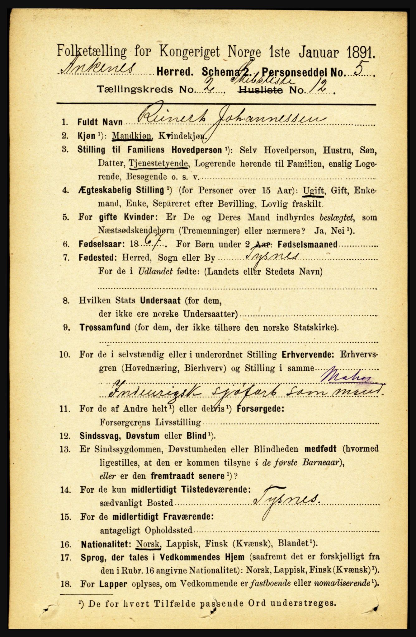 RA, 1891 census for 1855 Ankenes, 1891, p. 1460