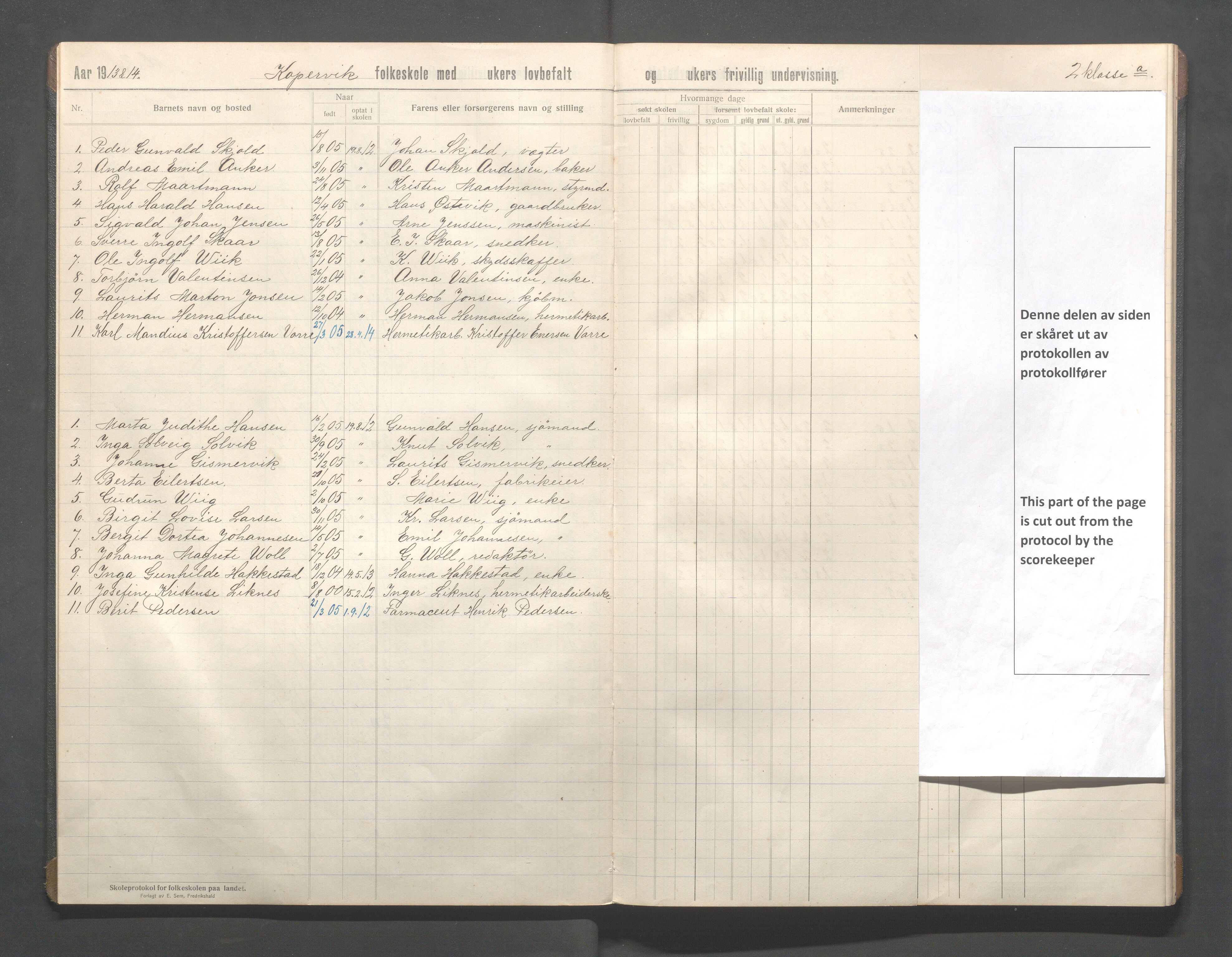 Kopervik Kommune - Kopervik skole, IKAR/K-102472/H/L0018: Skoleprotokoll 2.klasse, 1911-1915, p. 7