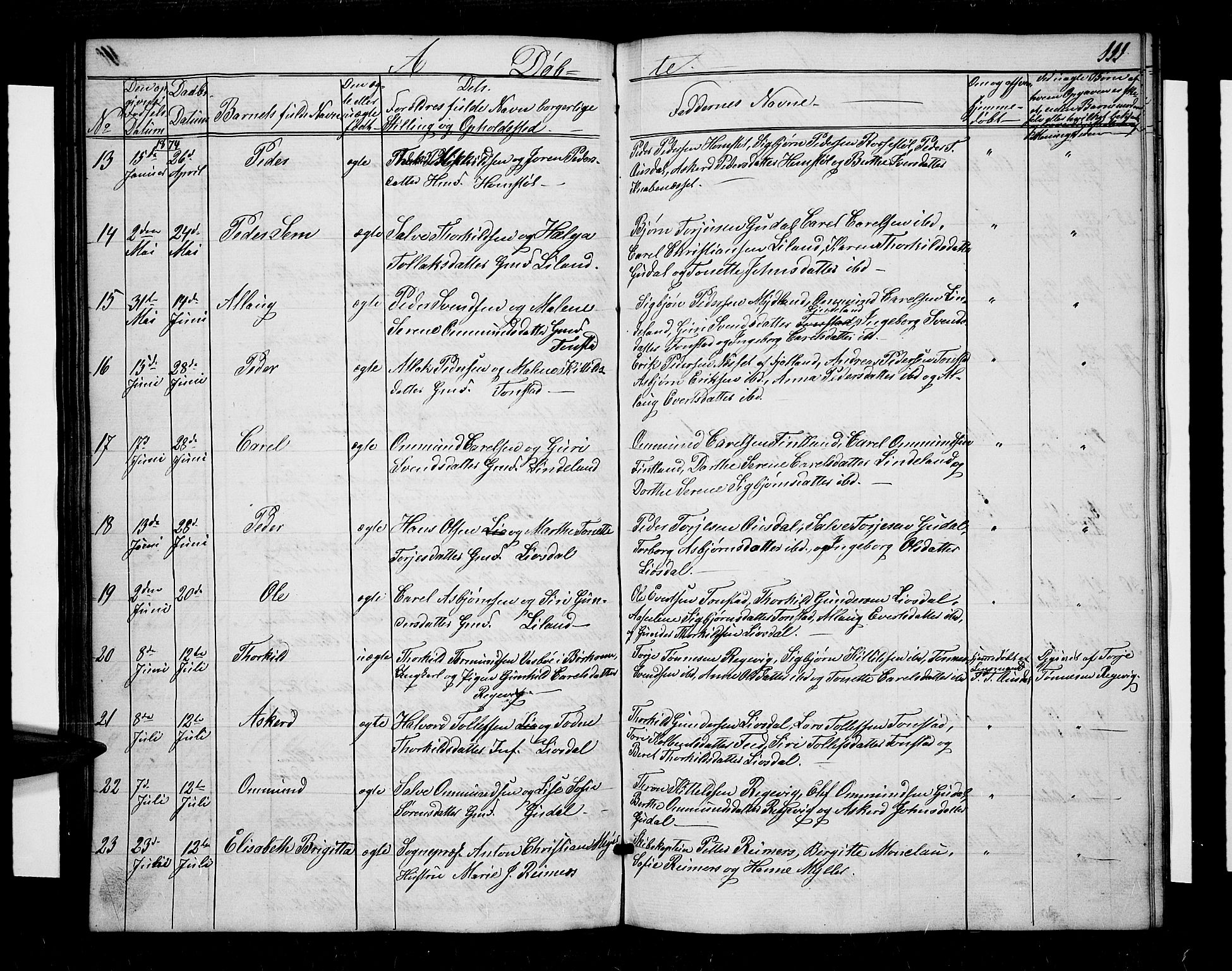 Sirdal sokneprestkontor, SAK/1111-0036/F/Fb/Fbb/L0002: Parish register (copy) no. B 2, 1848-1878, p. 111