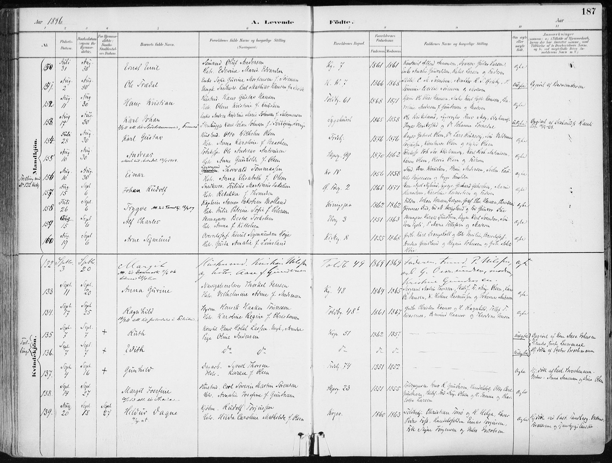 Kristiansand domprosti, SAK/1112-0006/F/Fa/L0019: Parish register (official) no. A 18, 1890-1897, p. 187