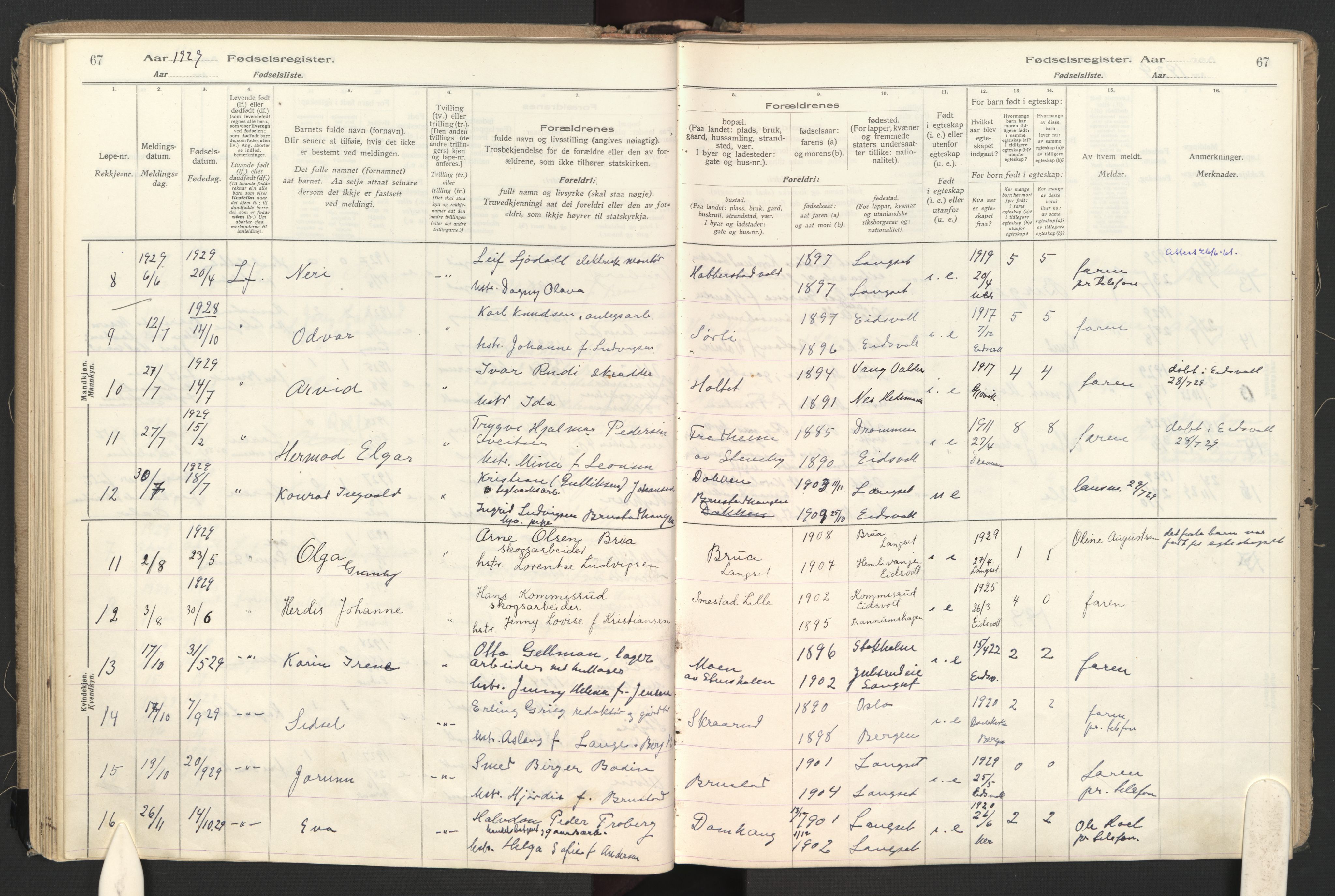Eidsvoll prestekontor Kirkebøker, SAO/A-10888: Birth register no. II 1, 1916-1959, p. 67