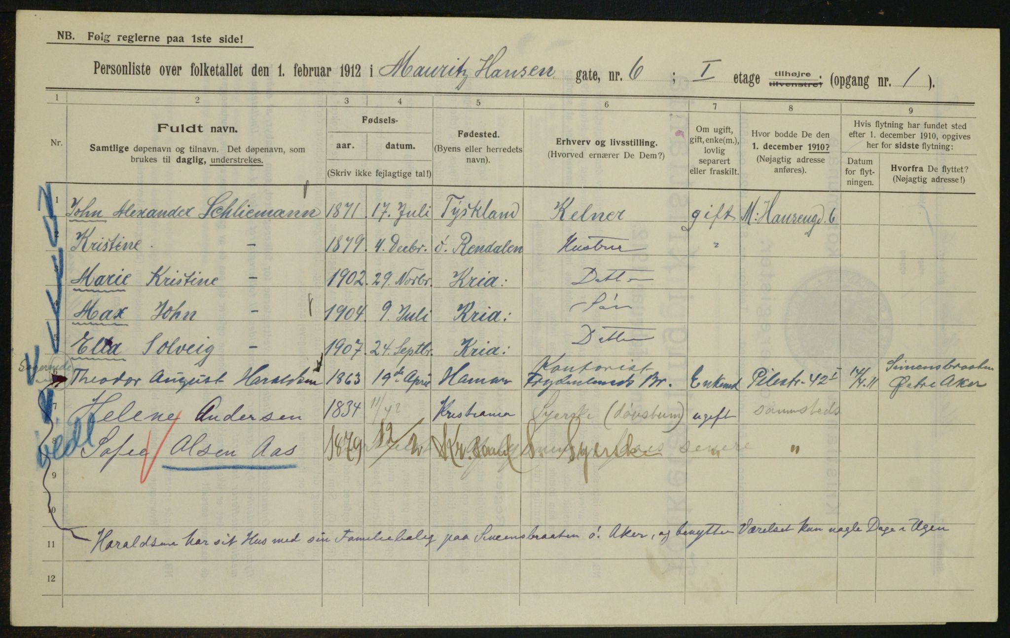 OBA, Municipal Census 1912 for Kristiania, 1912, p. 65417