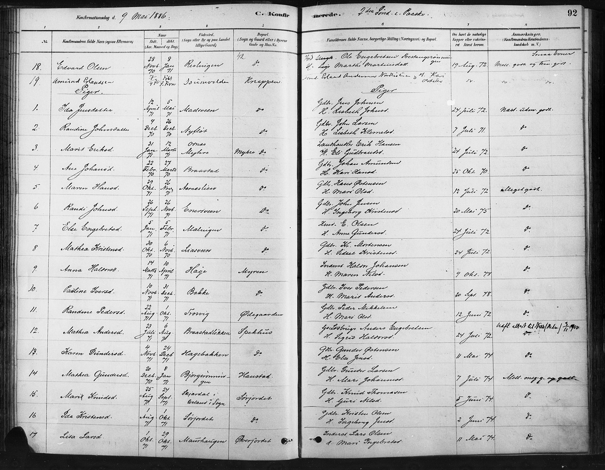 Ringebu prestekontor, SAH/PREST-082/H/Ha/Haa/L0009: Parish register (official) no. 9, 1878-1898, p. 92