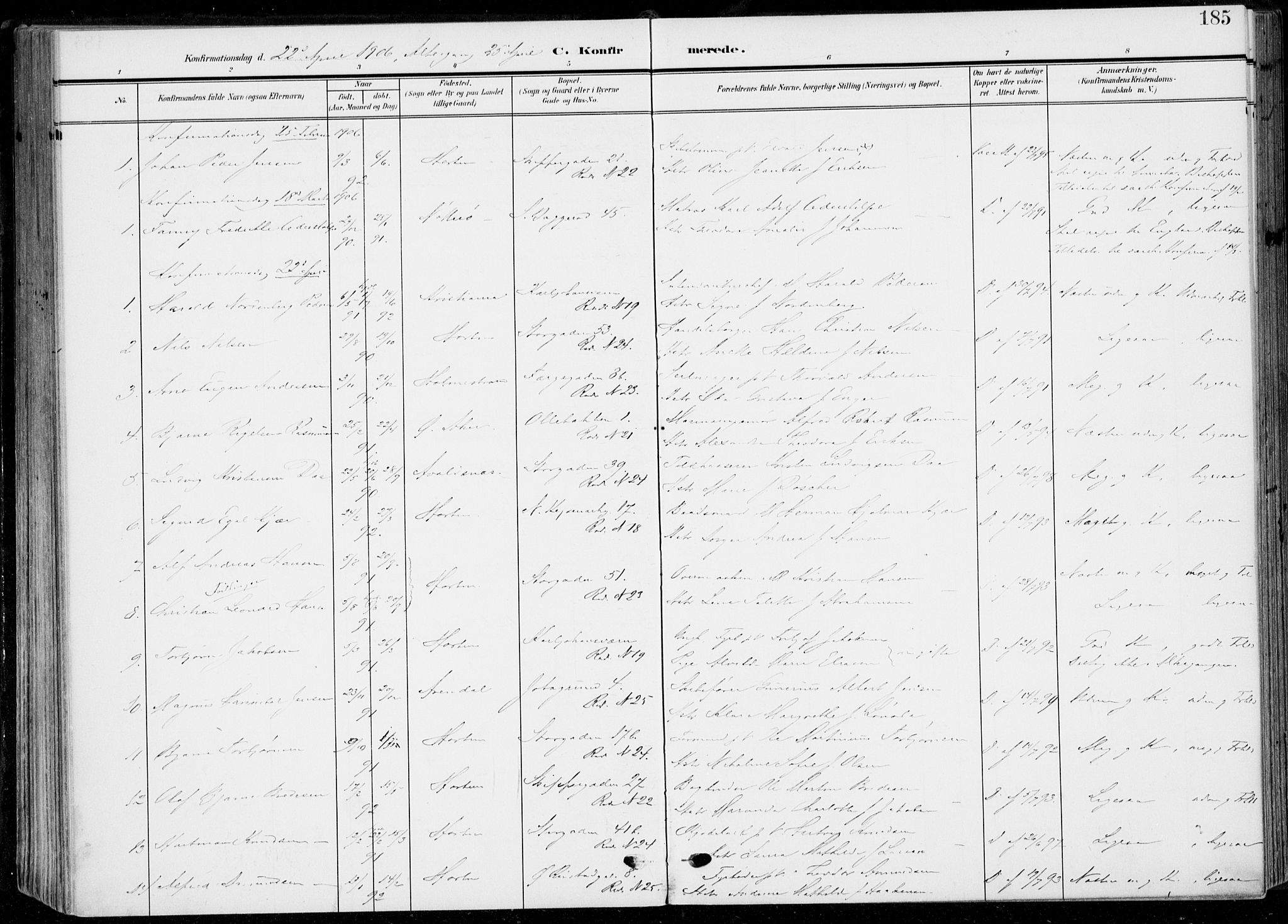 Horten kirkebøker, AV/SAKO-A-348/F/Fa/L0006: Parish register (official) no. 6, 1905-1912, p. 185