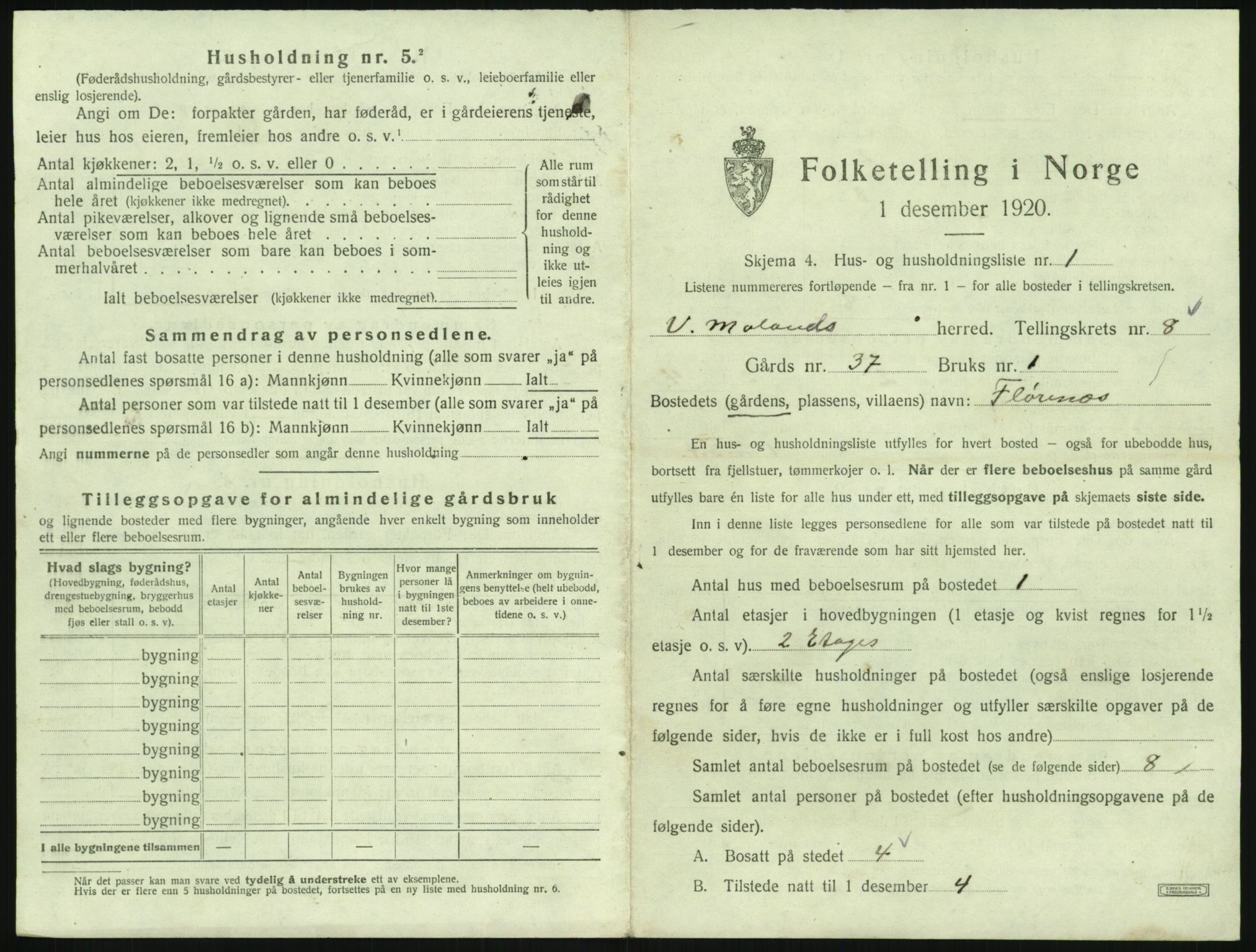 SAK, 1920 census for Vestre Moland, 1920, p. 953