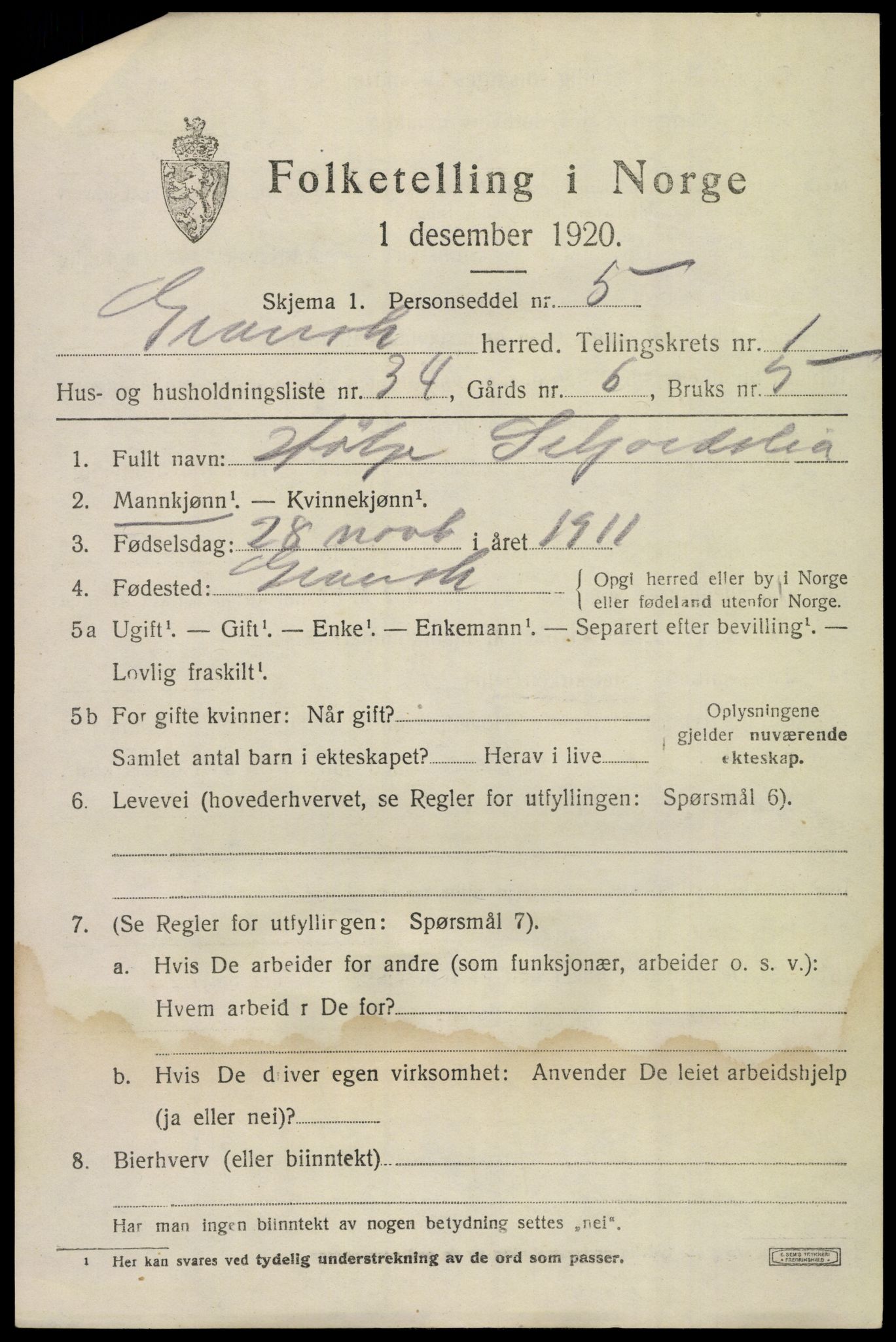 SAKO, 1920 census for Gransherad, 1920, p. 960