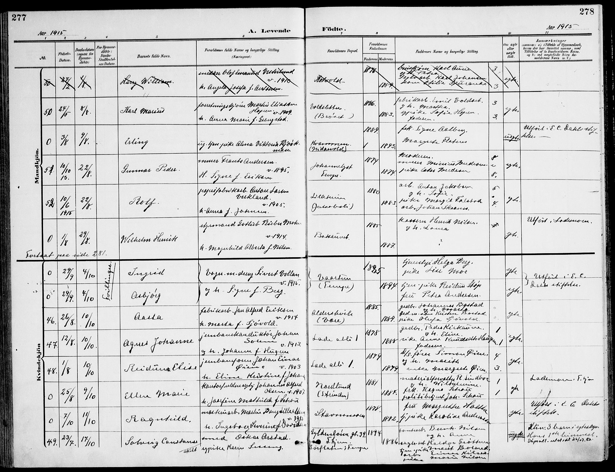 Ministerialprotokoller, klokkerbøker og fødselsregistre - Sør-Trøndelag, SAT/A-1456/607/L0320: Parish register (official) no. 607A04, 1907-1915, p. 277-278