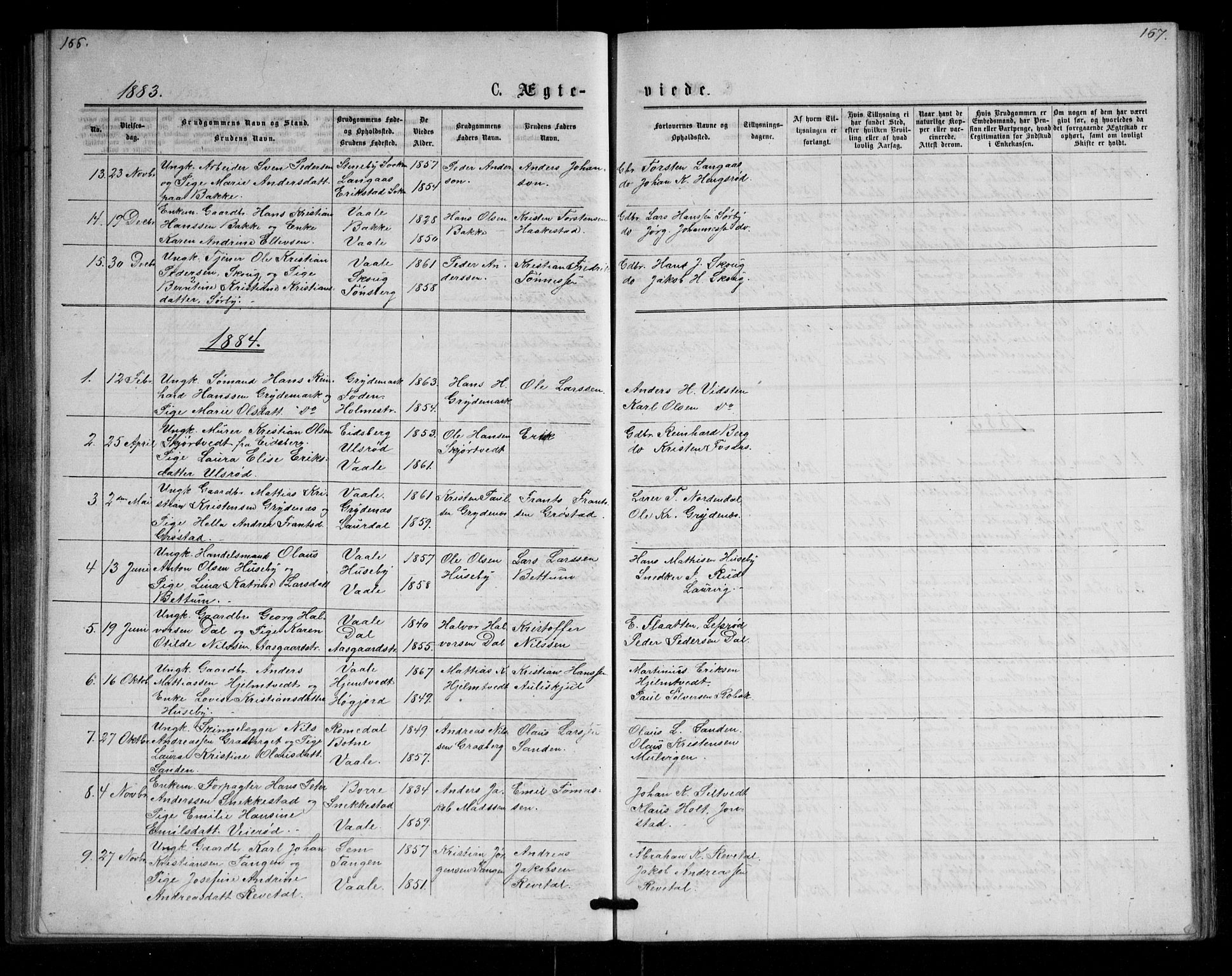 Våle kirkebøker, SAKO/A-334/G/Ga/L0004a: Parish register (copy) no. I 4, 1874-1893, p. 166-167