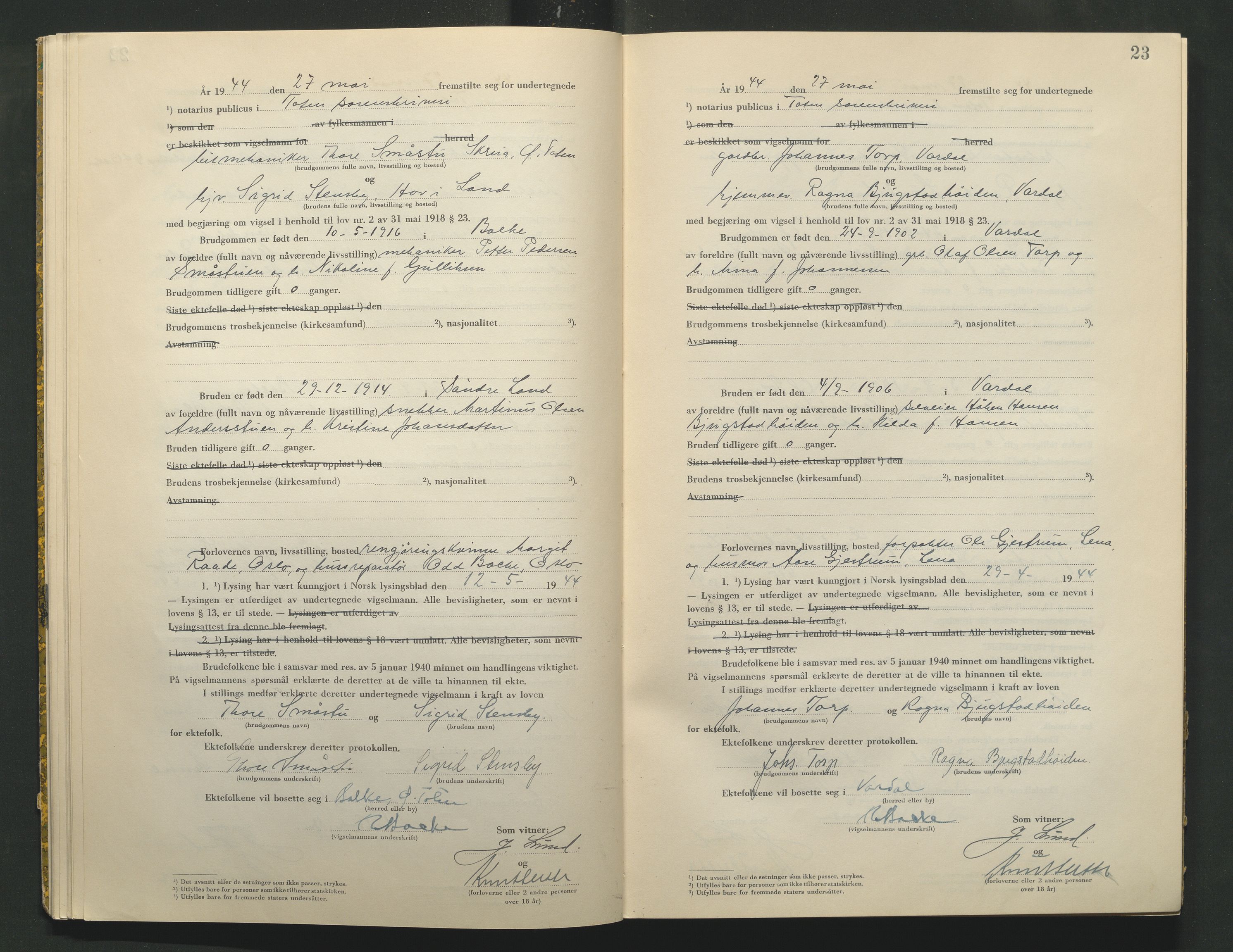 Toten tingrett, AV/SAH-TING-006/L/Lc/L0004: Vigselbok, 1944, p. 23