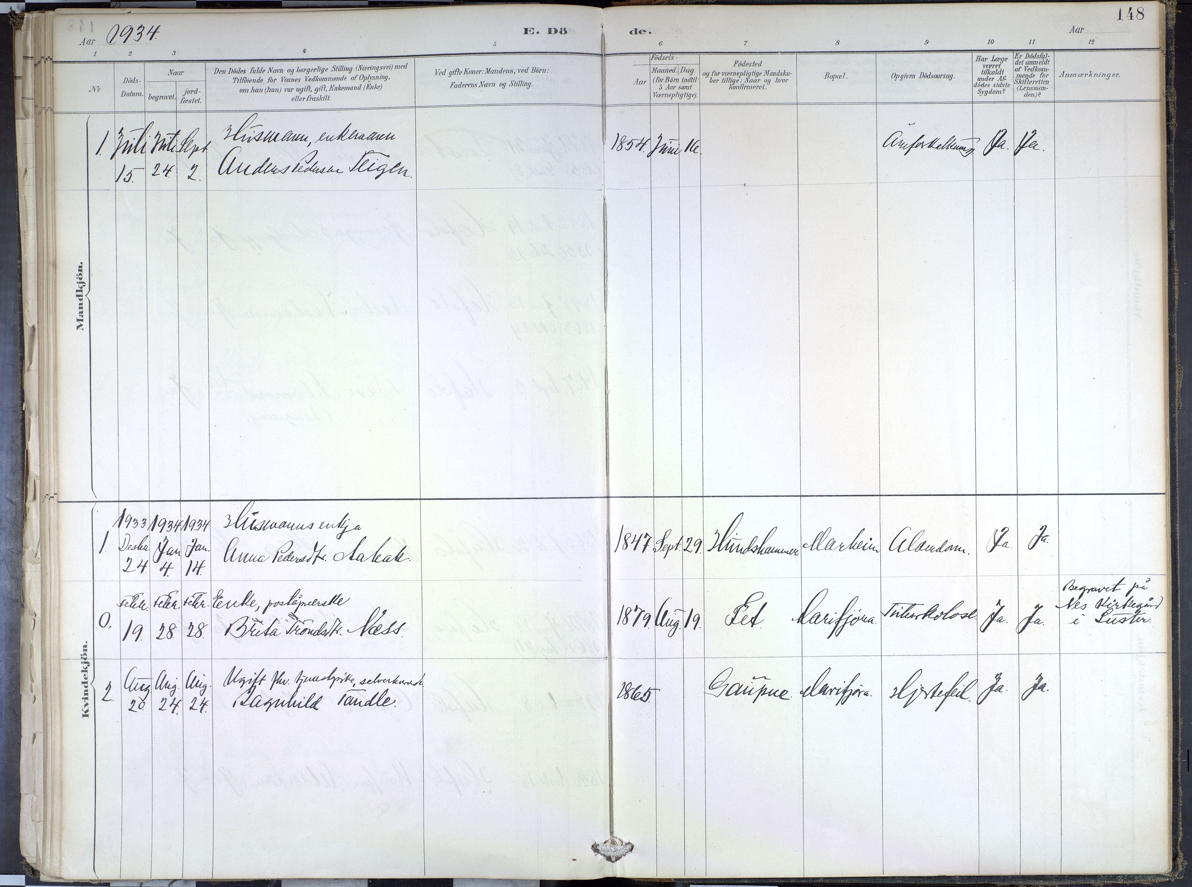 Hafslo sokneprestembete, SAB/A-80301/H/Haa/Haae/L0001: Parish register (official) no. E 1, 1886-1934, p. 148