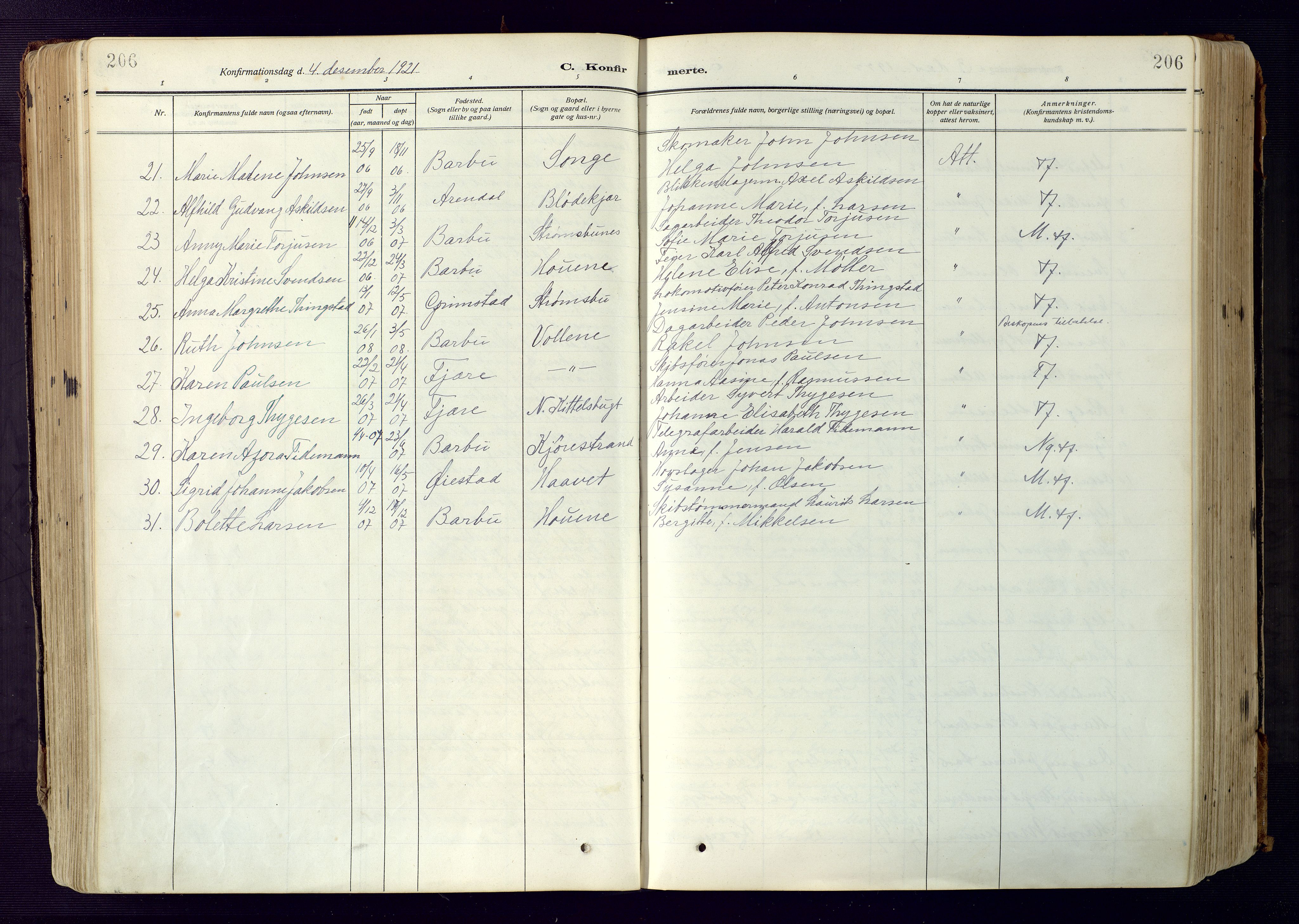 Barbu sokneprestkontor, SAK/1111-0003/F/Fa/L0006: Parish register (official) no. A 6, 1910-1929, p. 206