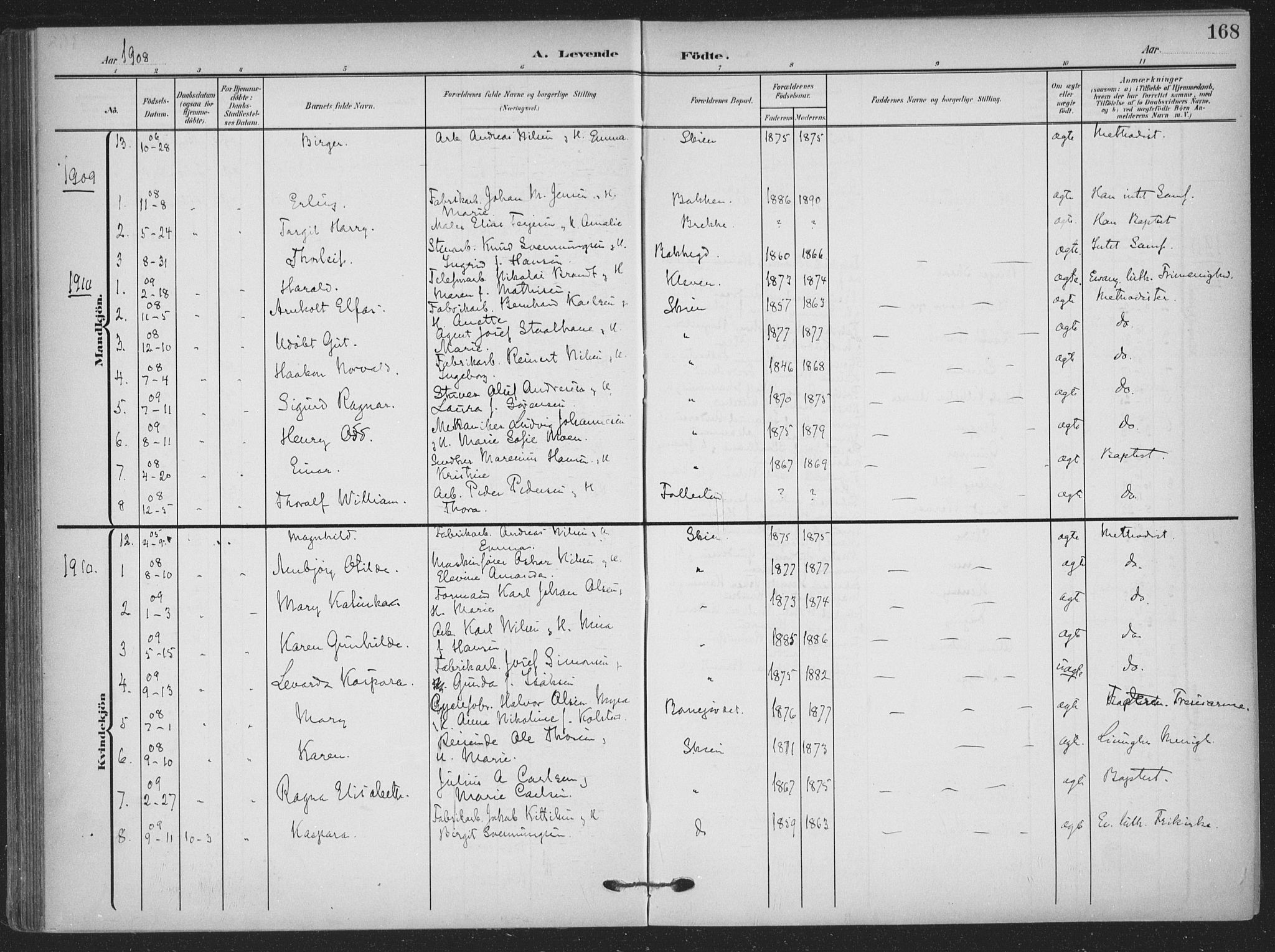 Skien kirkebøker, SAKO/A-302/F/Fa/L0012: Parish register (official) no. 12, 1908-1914, p. 168