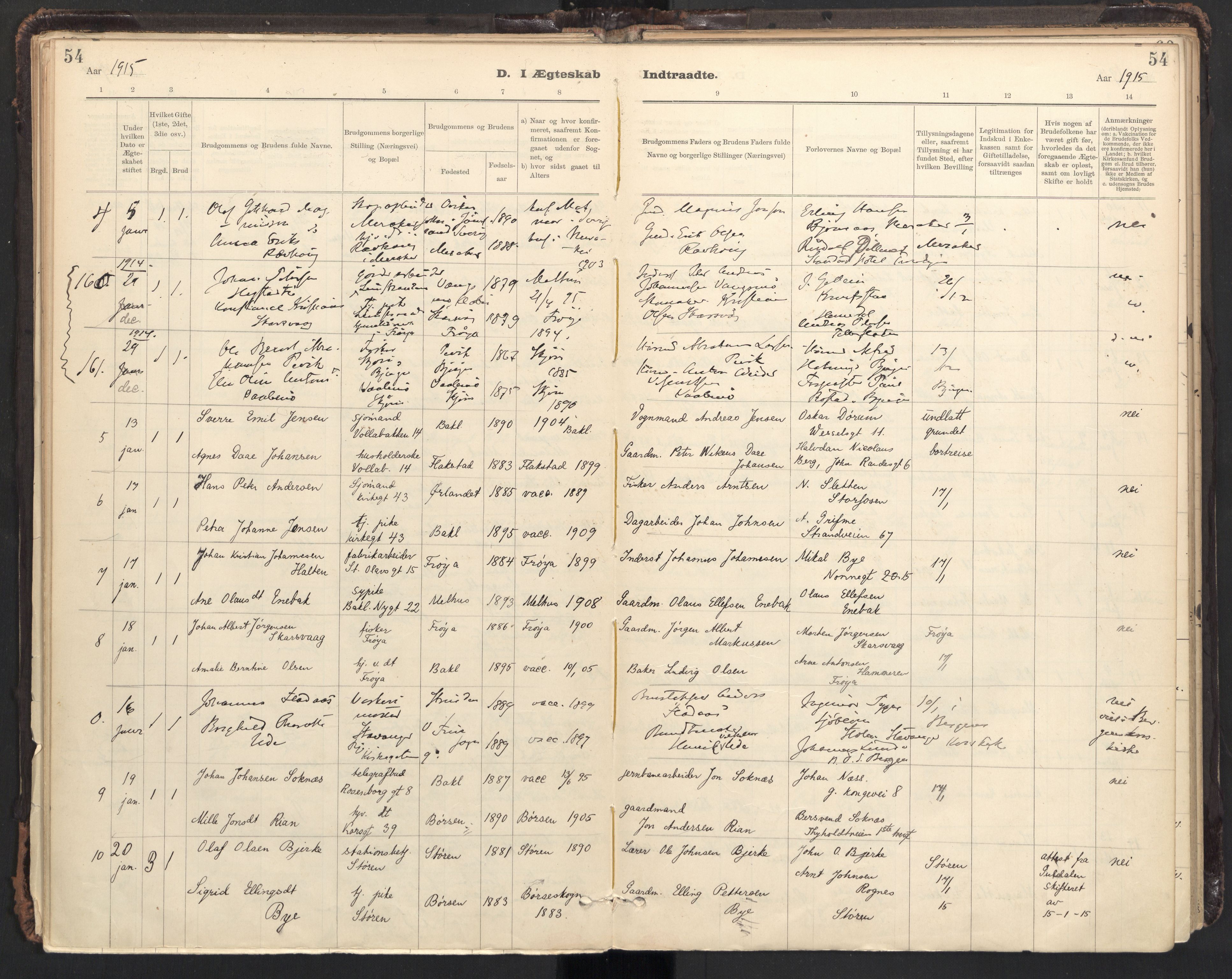 Ministerialprotokoller, klokkerbøker og fødselsregistre - Sør-Trøndelag, SAT/A-1456/604/L0204: Parish register (official) no. 604A24, 1911-1920, p. 54
