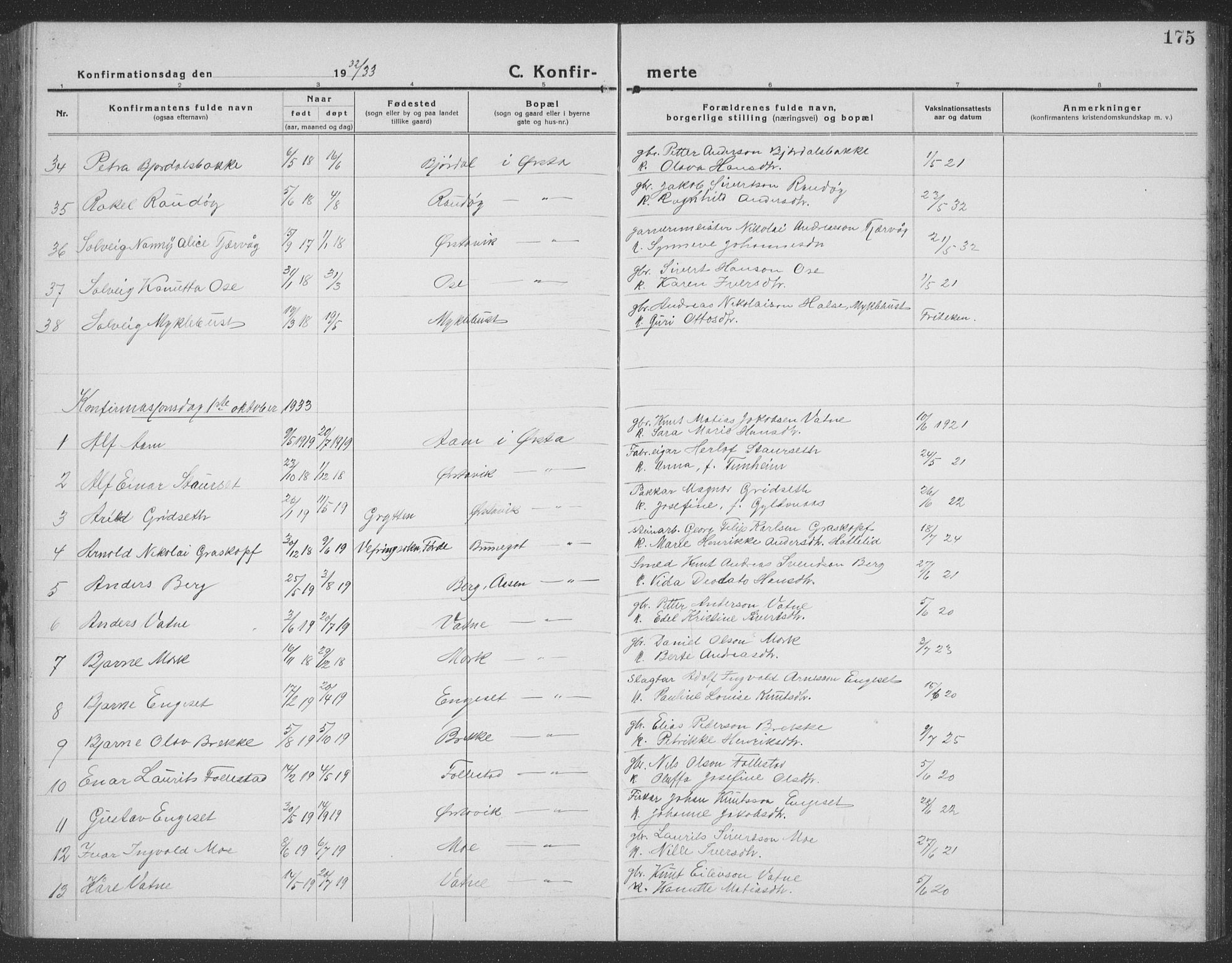 Ministerialprotokoller, klokkerbøker og fødselsregistre - Møre og Romsdal, AV/SAT-A-1454/513/L0191: Parish register (copy) no. 513C05, 1920-1941, p. 175