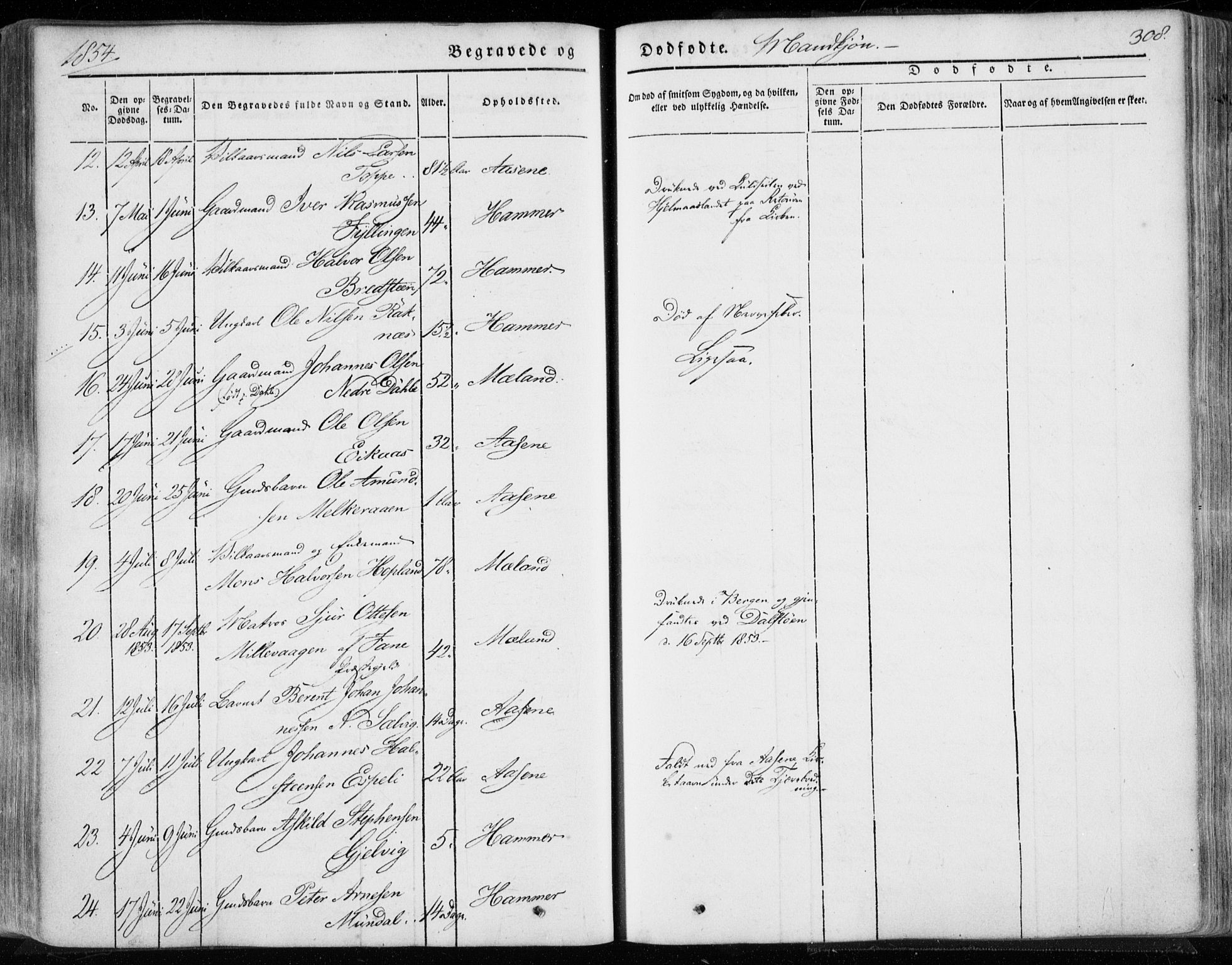 Hamre sokneprestembete, AV/SAB-A-75501/H/Ha/Haa/Haaa/L0013: Parish register (official) no. A 13, 1846-1857, p. 308