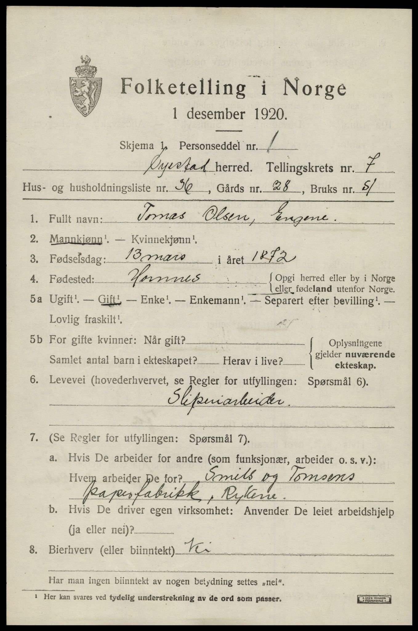 SAK, 1920 census for Øyestad, 1920, p. 5178