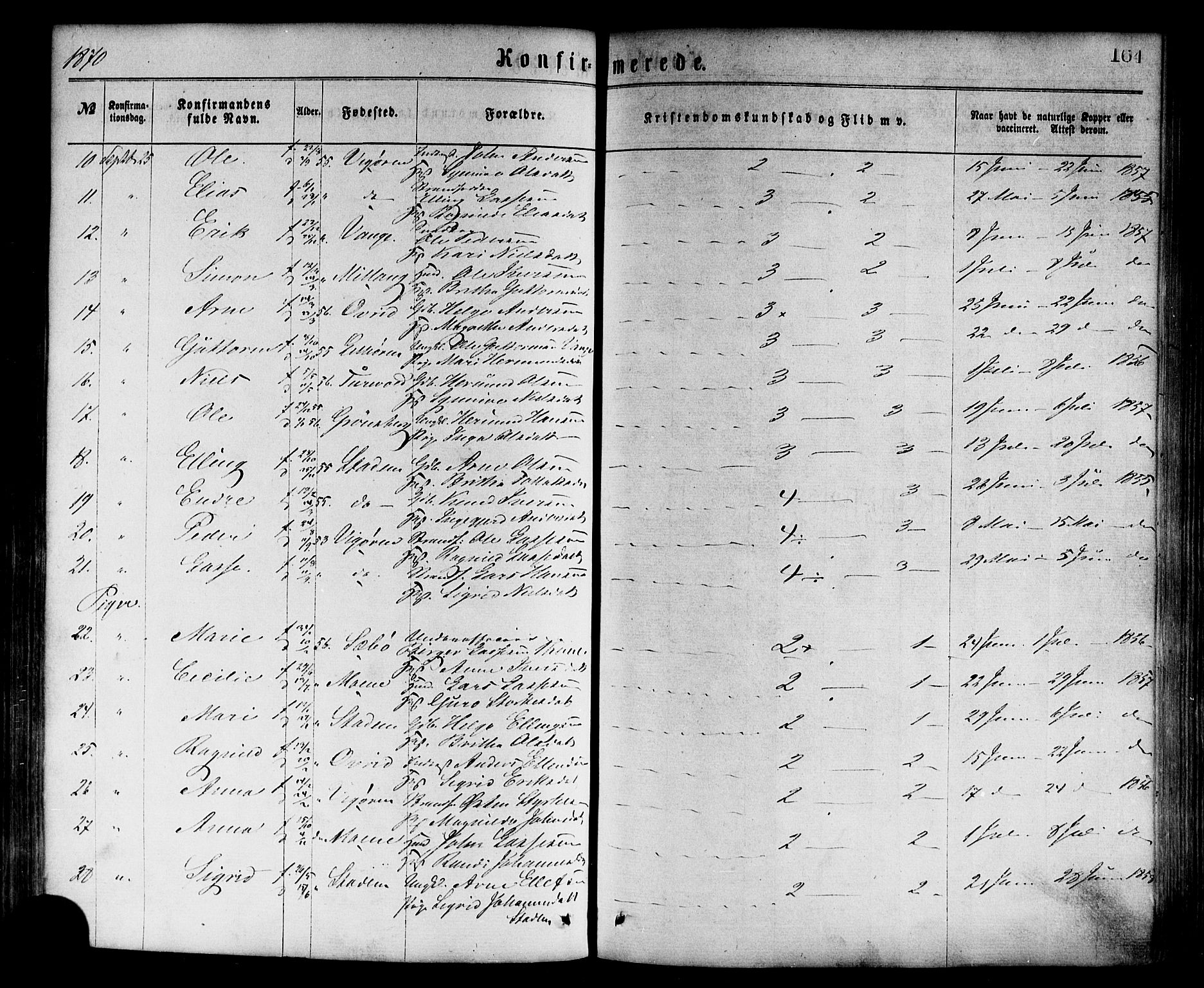 Vik sokneprestembete, AV/SAB-A-81501/H/Haa/Haaa/L0009: Parish register (official) no. A 9, 1866-1877, p. 164