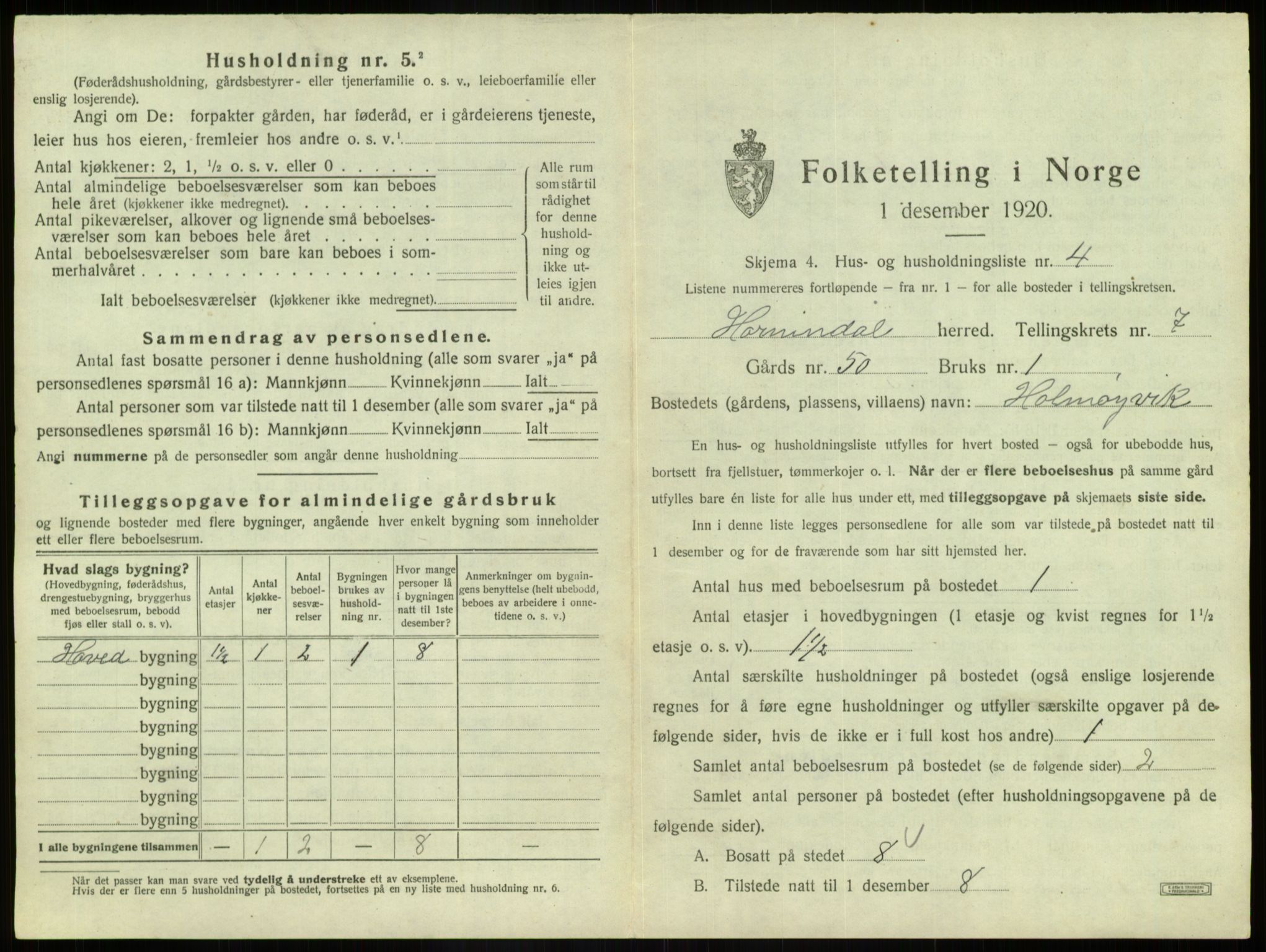 SAB, 1920 census for Hornindal, 1920, p. 479