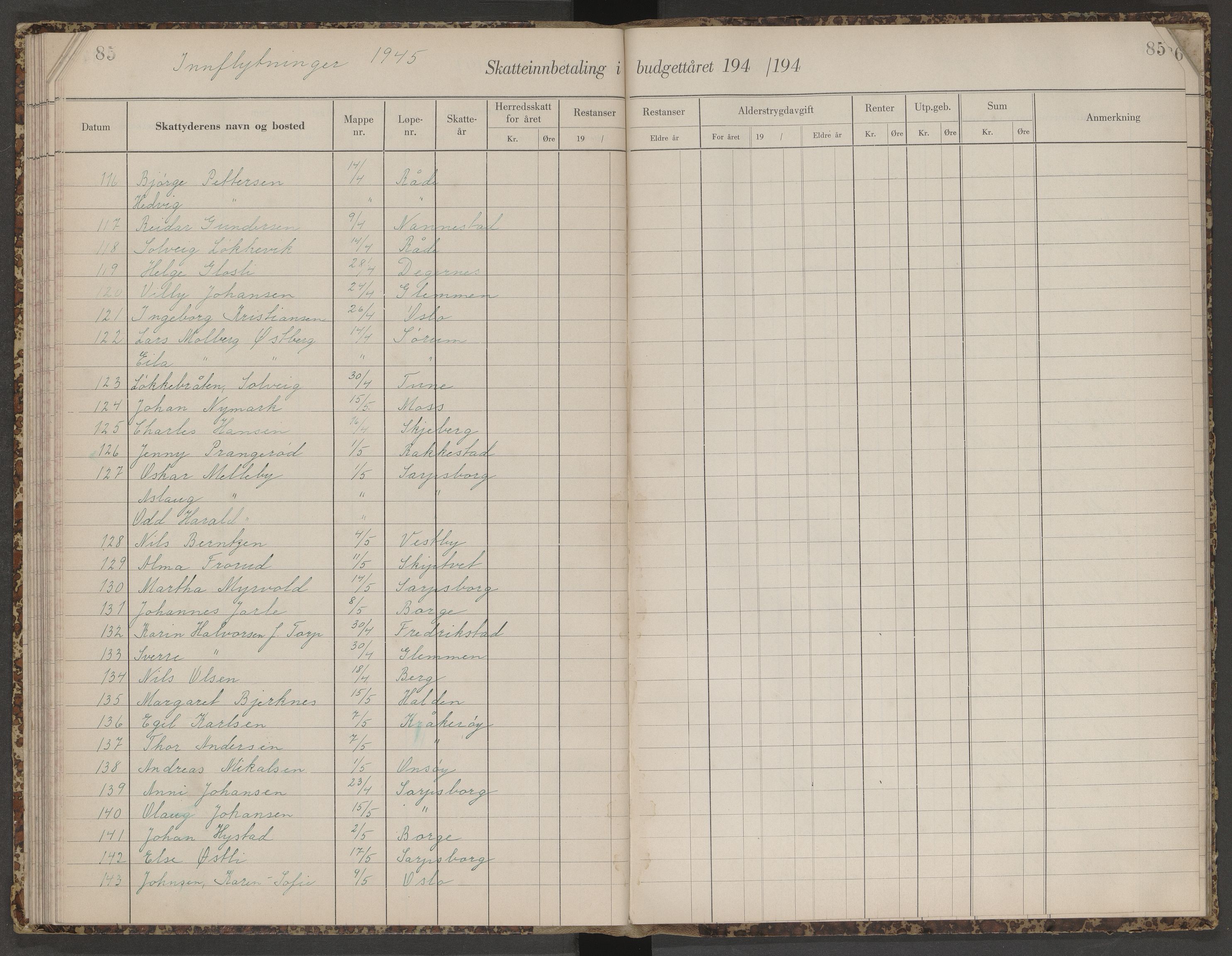 Skjeberg folkeregister, AV/SAO-A-10495/K/Ka/L0003: Fortegnelse over inn- og utflyttede, 1943-1947, p. 85