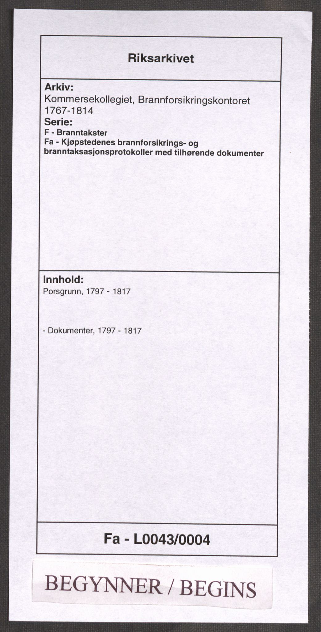 Kommersekollegiet, Brannforsikringskontoret 1767-1814, RA/EA-5458/F/Fa/L0043/0004: Porsgrunn / Dokumenter, 1797-1817