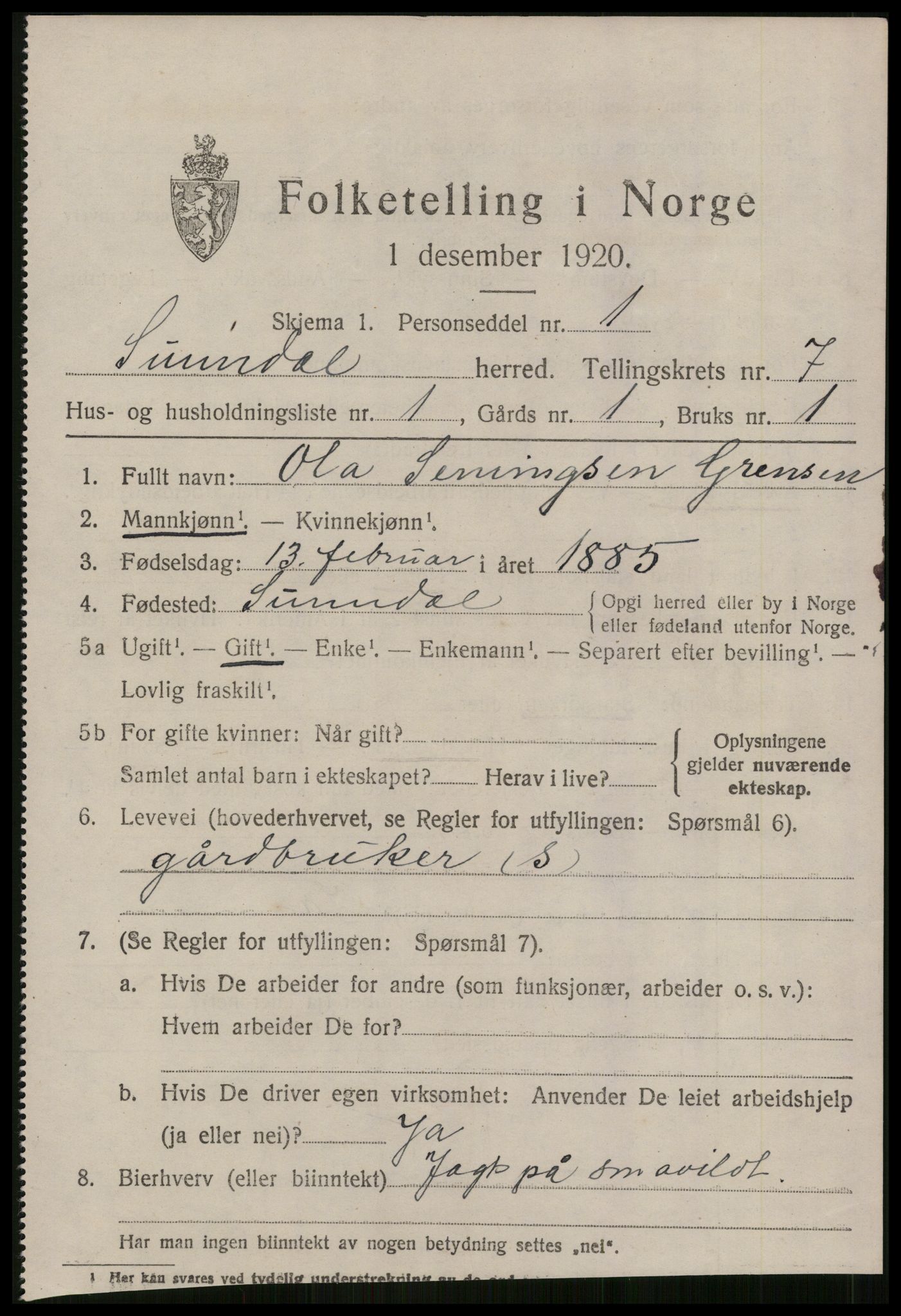 SAT, 1920 census for Sunndal, 1920, p. 3842