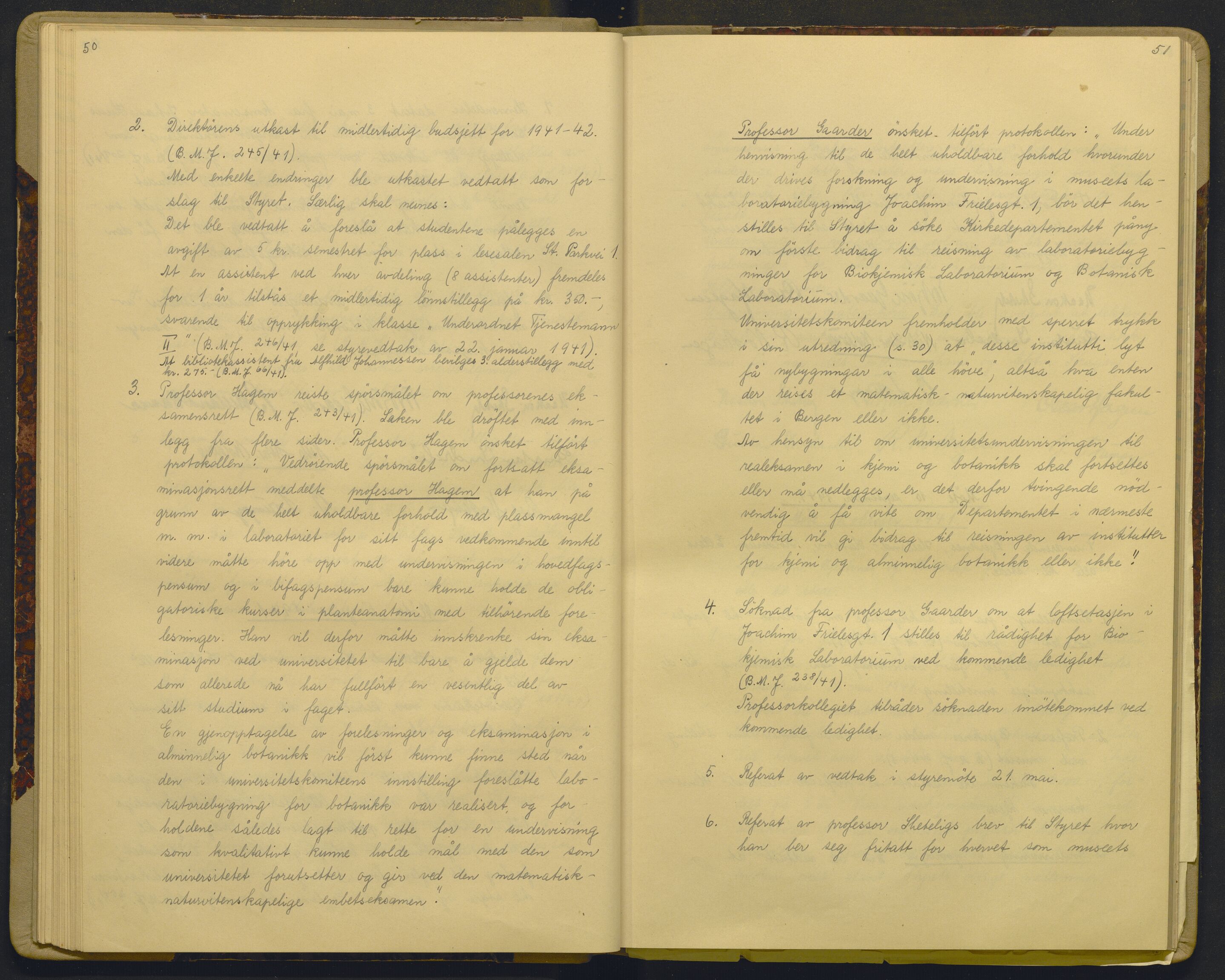 Bergens Museum, AV/SAB-A-17301/18/A/L0003: Professorkollegiets forhandlingsprotokoll med register , 1939-1944, p. 50-51
