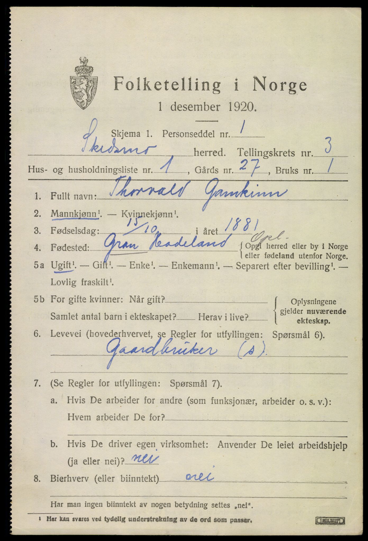 SAO, 1920 census for Skedsmo, 1920, p. 3583