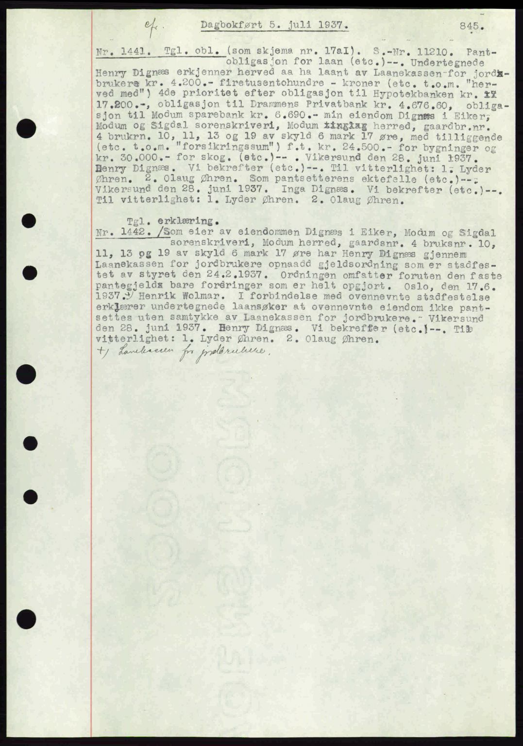 Eiker, Modum og Sigdal sorenskriveri, SAKO/A-123/G/Ga/Gab/L0035: Mortgage book no. A5, 1937-1937, Diary no: : 1441/1937