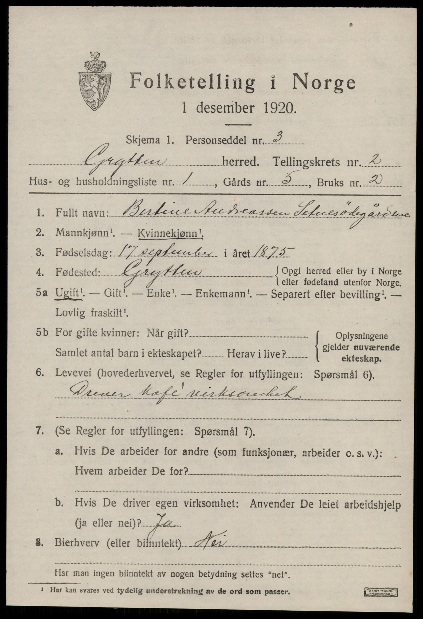 SAT, 1920 census for Grytten, 1920, p. 1894