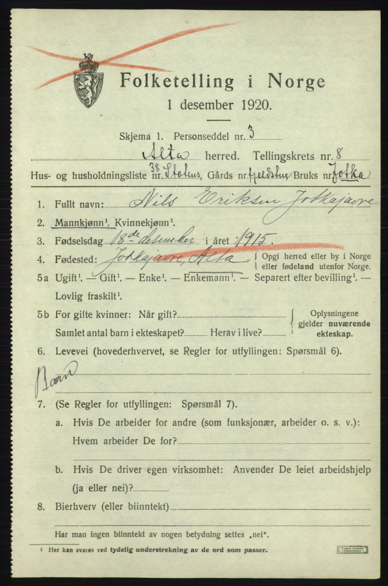 SATØ, 1920 census for Alta, 1920, p. 6581