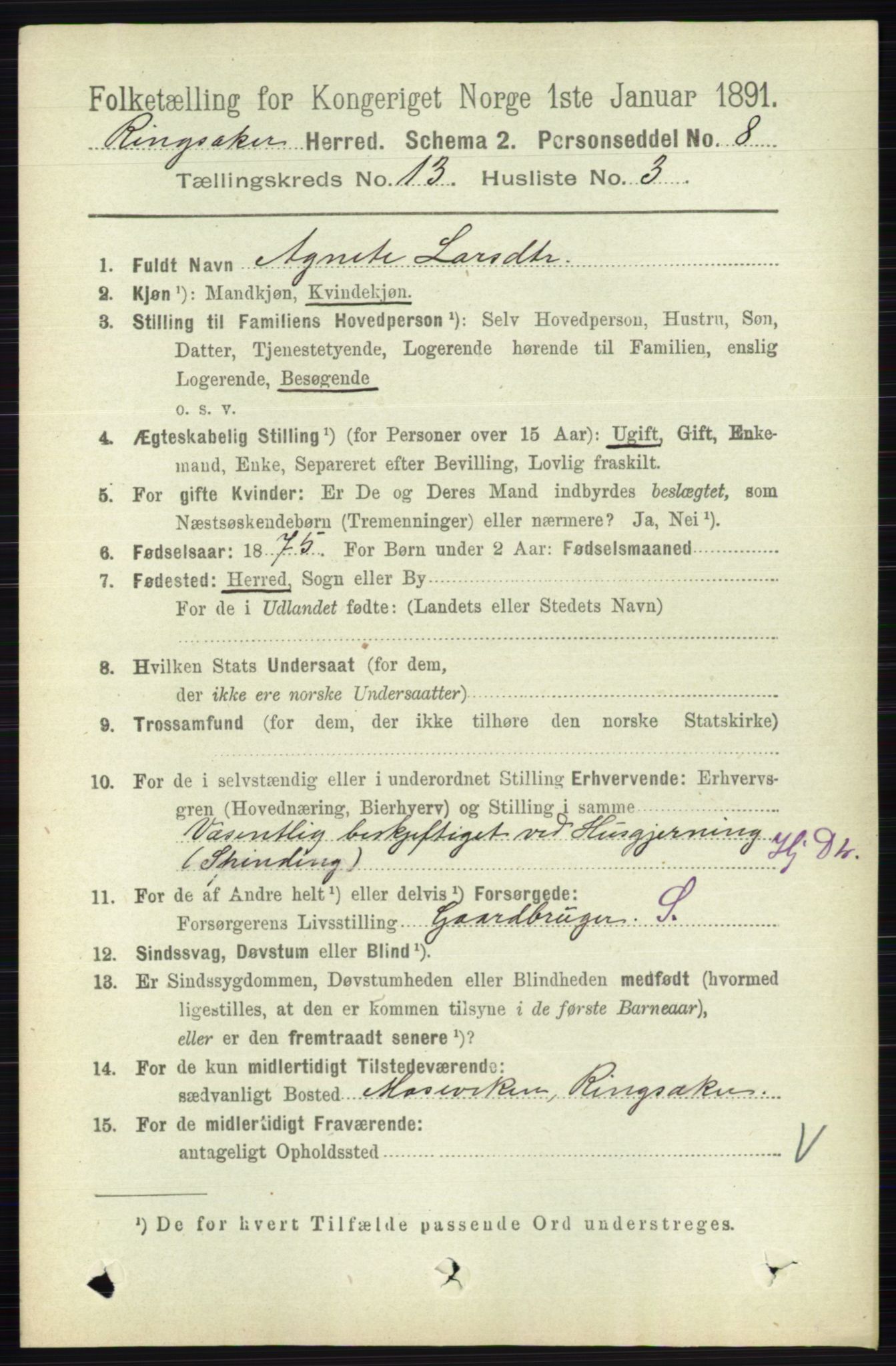 RA, 1891 census for 0412 Ringsaker, 1891, p. 7226